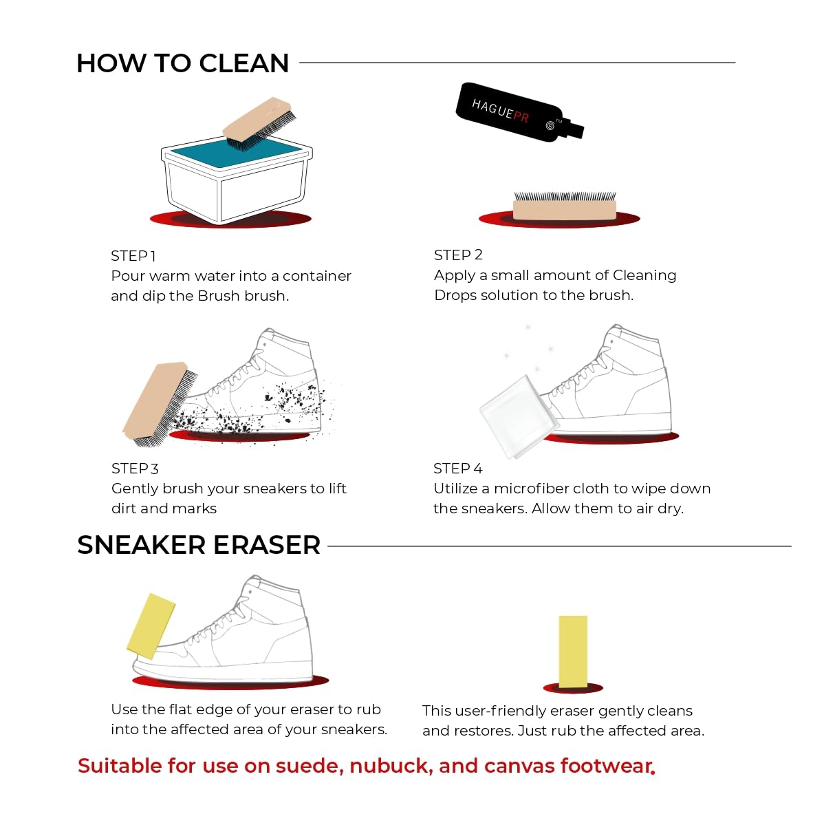 HaguePr Signature Sneaker Cleaning Kit - Premium Shoe Cleaner for White Sneakers, Nubuck, Canvas, Trainers & Sports Shoes | Includes Cleaning Solution, Medium Brush, Eraser & Microfiber Towel | Perfect for Gym Shoes, Casual Wear & Sneaker Care