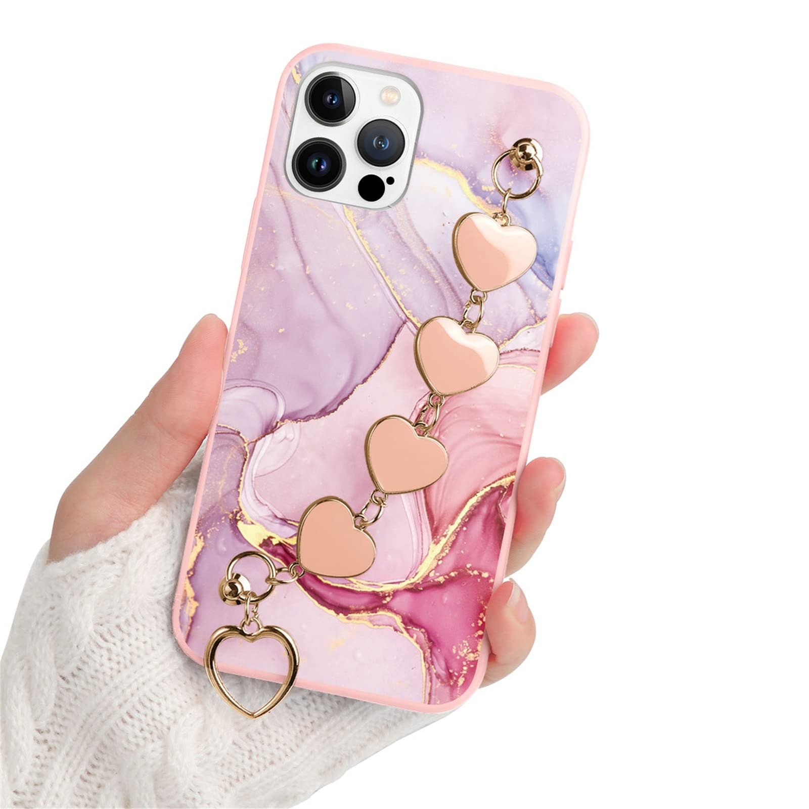 Premium Silicone Phone Case for Xiaomi Redmi 9C (4G) / Redmi 9C NFC - 6.53 Inch Shockproof TPU Cover with Luxury Heart Chain Bracelet - Cute Pink Marble Design - Perfect for Daily Use, Gift Giving & Fashion Accessories