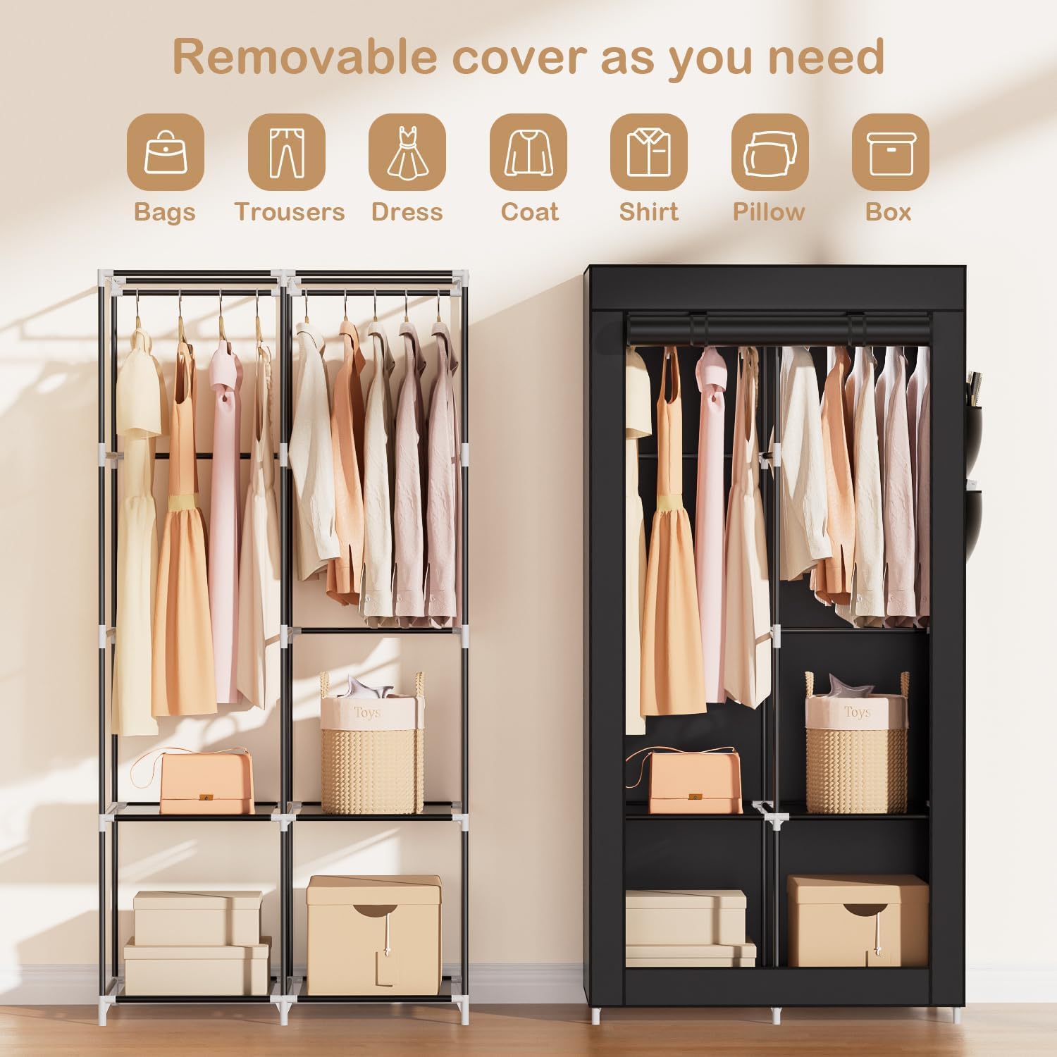 Portable Closet Wardrobe with 2 Hanging Rods & 4 Shelves - Foldable Clothes Organizer with Cover for Bedroom, Dorm, Travel - Non-Woven Fabric Storage Solution for Hanging Clothes & Accessories