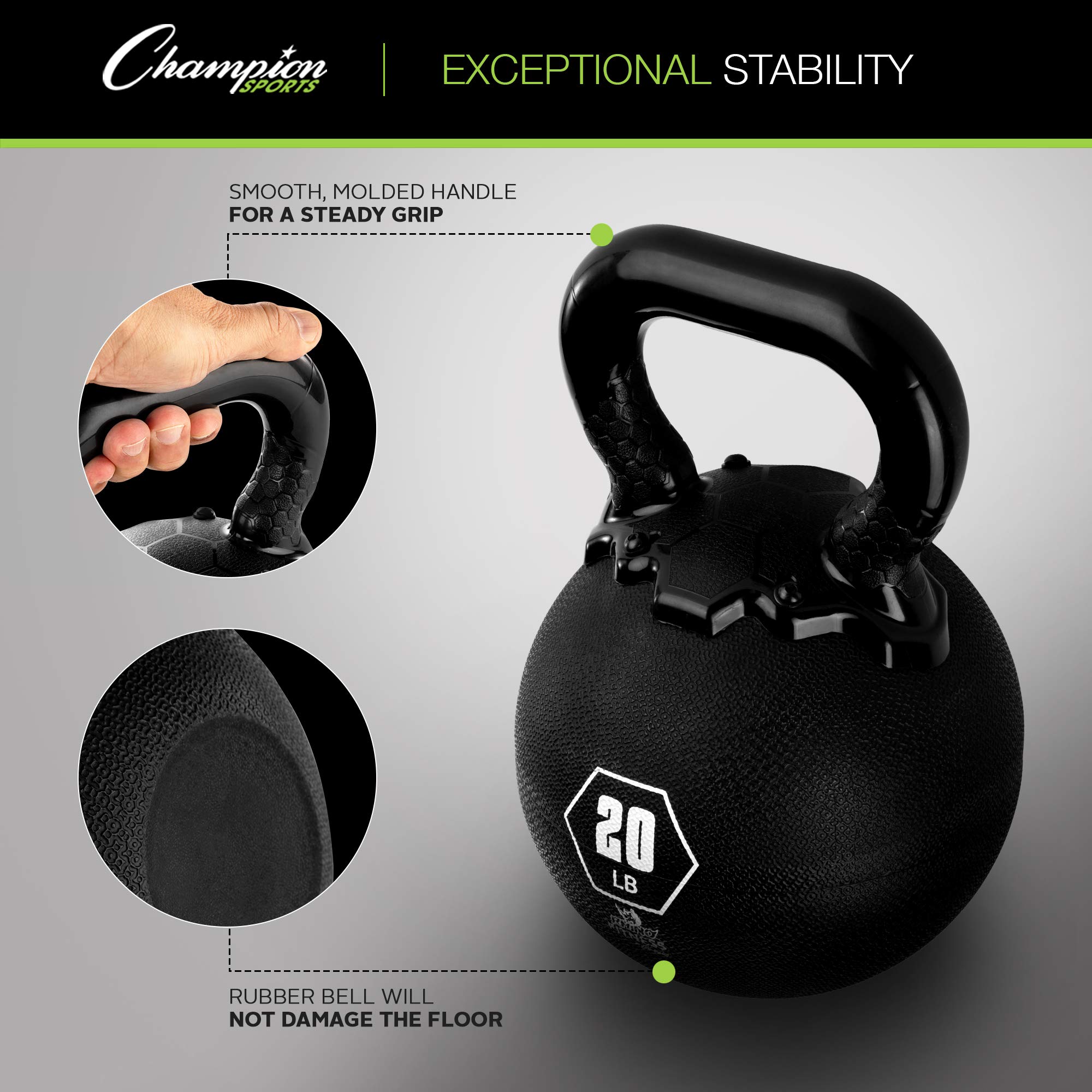 Champion Sports Rhino Kettlebell Rubber Weights - Premium Strength Training Equipment for Home Gym, CrossFit & Functional Fitness - Multiple Weights Available (5-50 lbs) - Durable Black Rubber Coating for Floor Protection & Noise Reduction