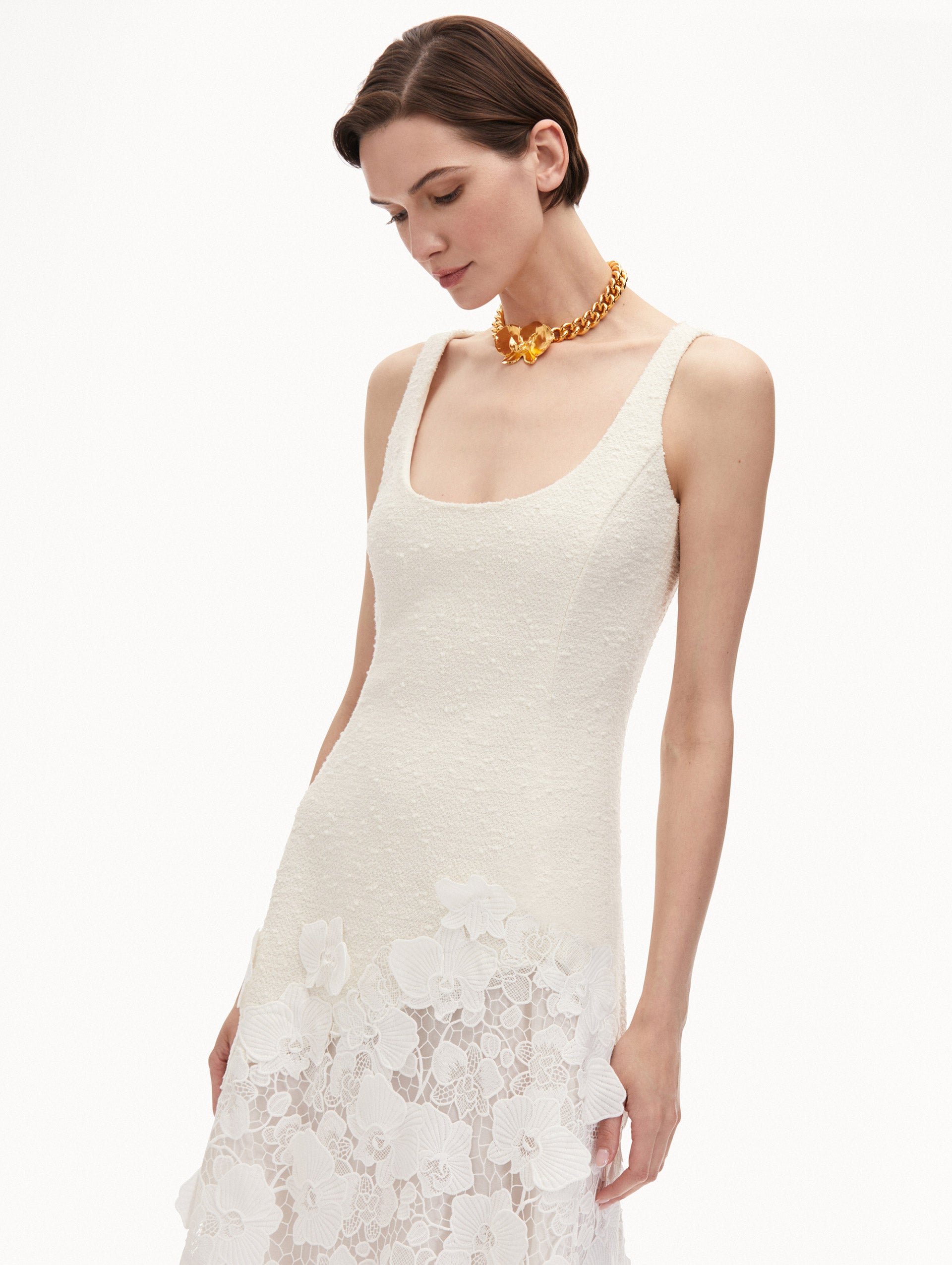 Elegant Orchid Guipure & Tweed Sleeveless Dress for Women - Perfect for Cocktail Parties, Weddings & Special Occasions
