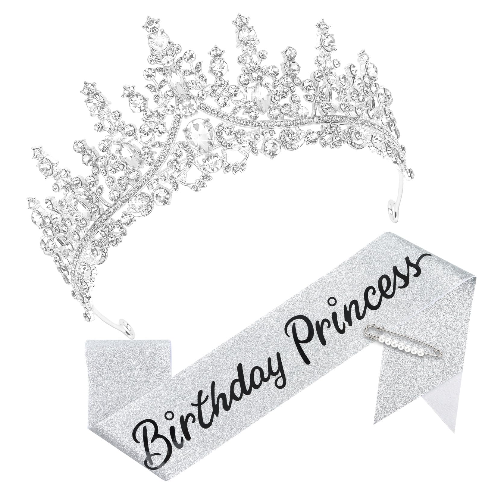 CAVETEE Glitter Birthday Princess Crown & Sash Set - Sparkling Tiara with Satin Sash for Women's Birthday Party Decorations | Perfect for Princess Themed Parties, Quinceañeras & Special Celebrations
