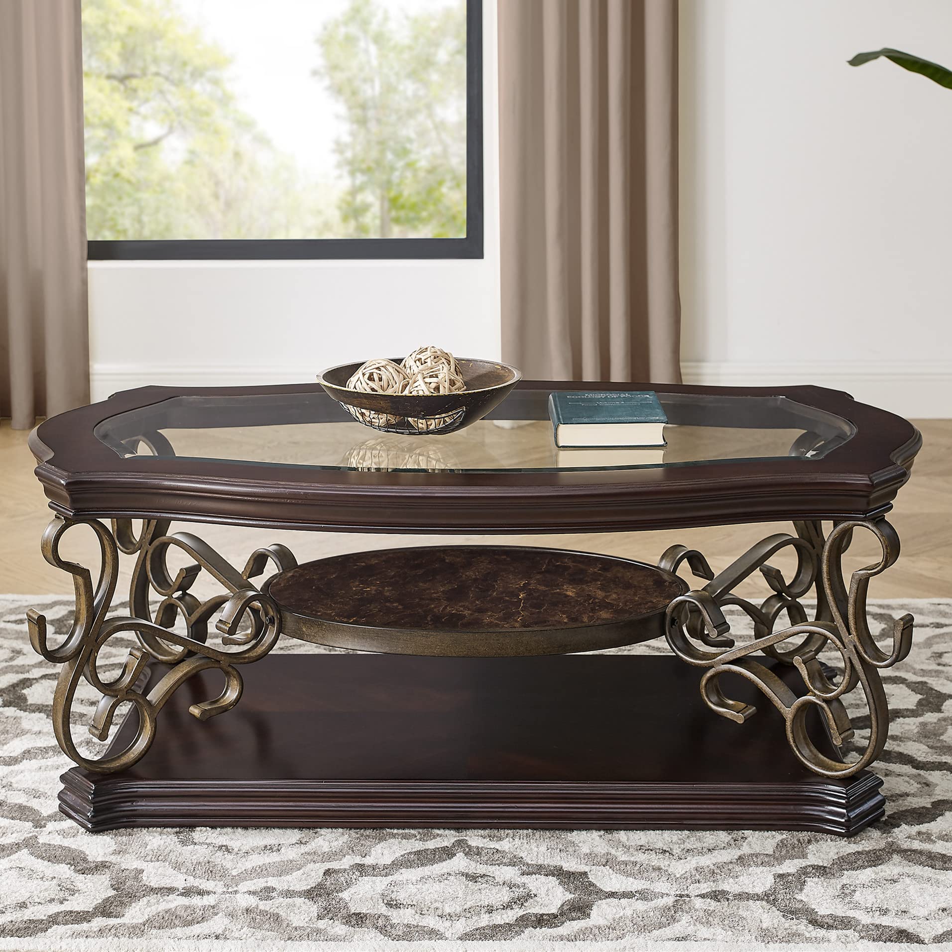 Yoluckea Retro Rectangle Coffee Table with Tempered Glass Top & Faux Marble Shelf - Traditional Wood Cocktail Table with Carved Metal Legs for Living Room, Home Office - Perfect for Entertaining Guests and Displaying Decor