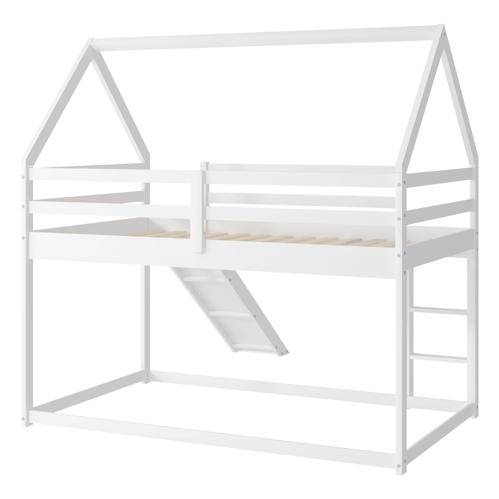 Harper & Bright Designs Twin Over Twin Bunk Bed with Convertible Slide, Ladder, Roof & Safety Guardrails - Kids Floor Bunk Bed in White | Perfect for Small Bedrooms, Sleepovers & Space-Saving Kids' Rooms