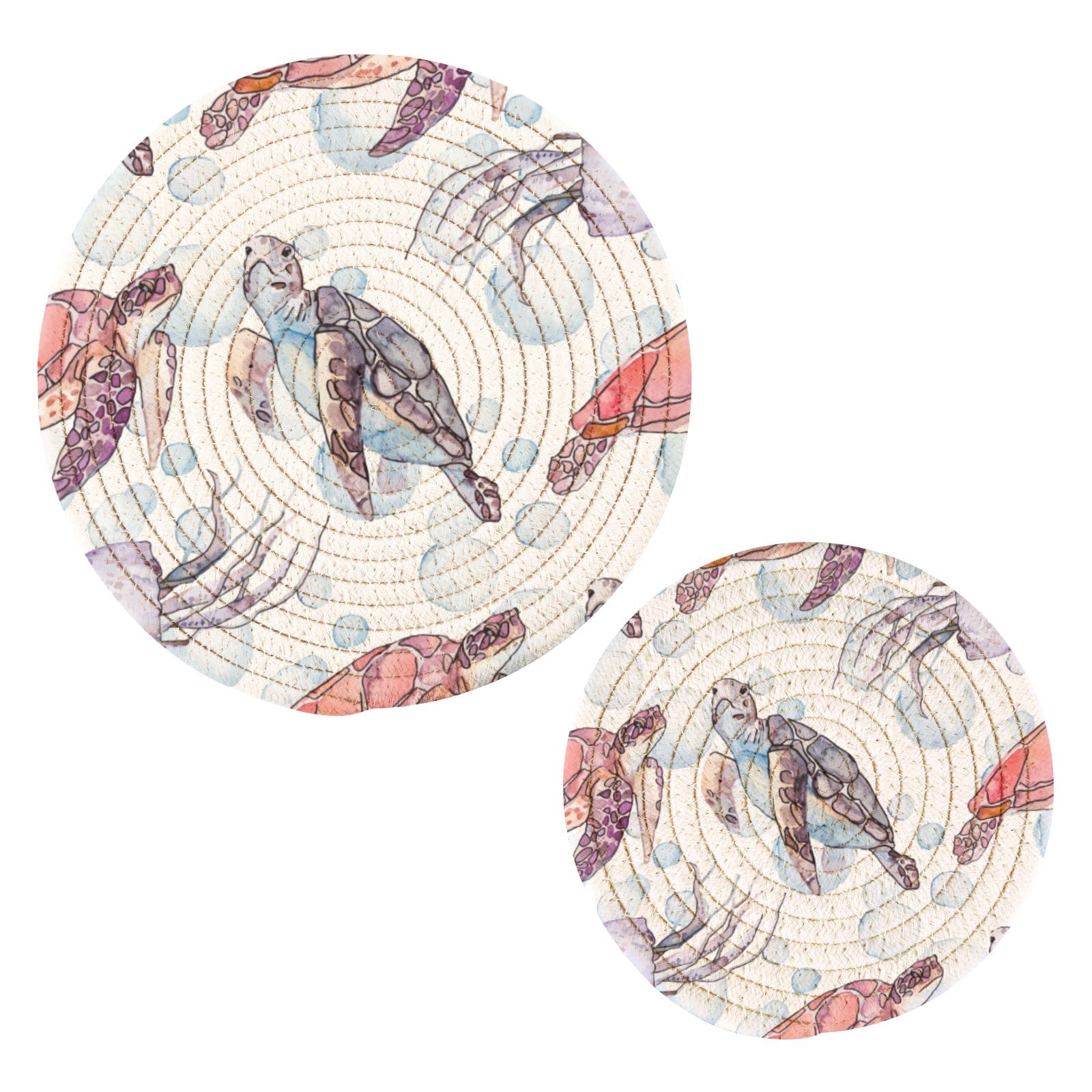 Sea Turtle & Jellyfish Pot Holders Set of 2 - Heat Resistant Kitchen Potholders & Trivets for Hot Pans, Bowls, Teapots - Thread Weave Design for Cooking, Baking & Kitchen Decor (Perfect for Beach House & Ocean Theme Kitchens)