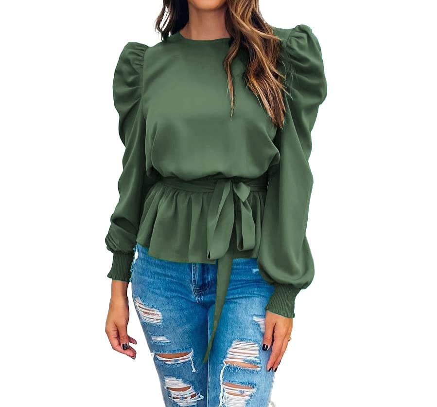 PRETTYGARDEN Women's Elegant Puff Sleeve Satin Blouse - Tie Waist Peplum Top for Work & Casual Wear | Office Outfits, Date Nights & Special Occasions
