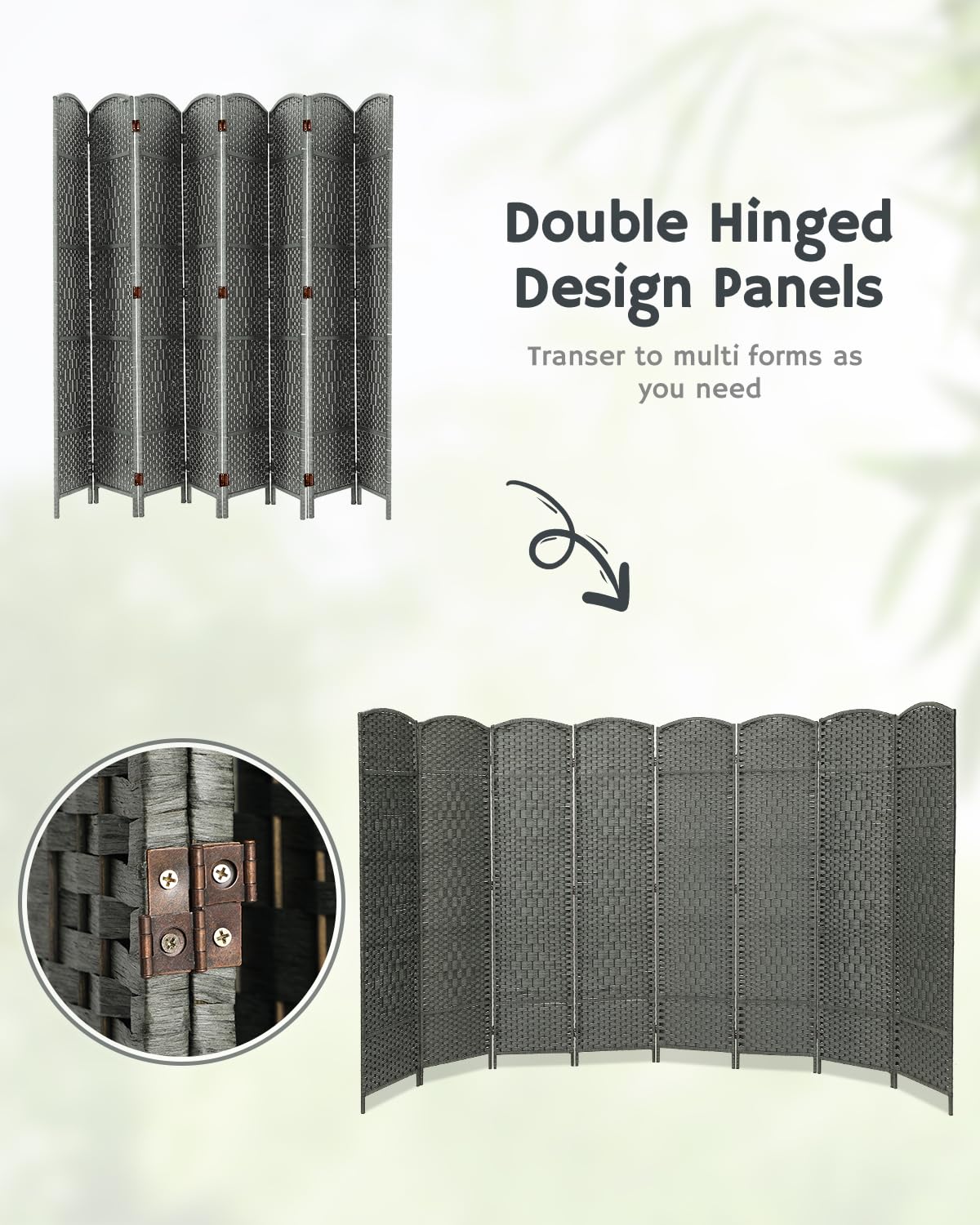 JOSTYLE 6ft Tall Extra Wide Folding Room Divider - Diamond Double-Weave Privacy Screen for Home & Office (Grey, 8-Panel) | Freestanding Partition for Bedroom, Living Room & Workspace