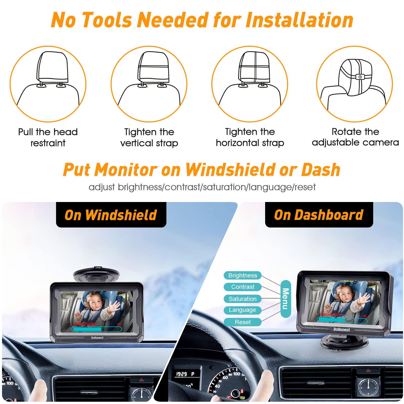 DoHonest 1080P HD Baby Car Camera with Night Vision - 150° Wide Angle, 360° Adjustable Rearview Monitor for Infant Car Seat Safety - Easy USB Plug-and-Play Installation - Perfect for Road Trips and Daily Commutes