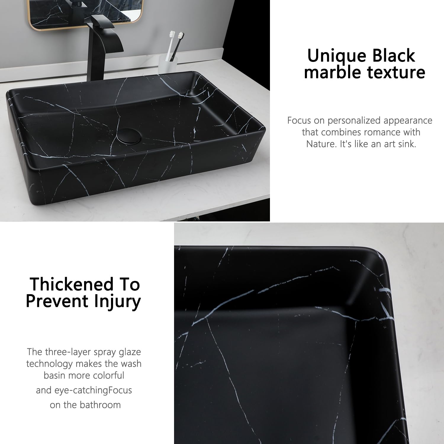 24 Inch Black Ceramic Vessel Sink with Faucet and Drain Combo - Rectangle Marble Bathroom Sink, Above Counter Porcelain Lavatory Bowl for Modern Bathroom Vanities and Powder Rooms