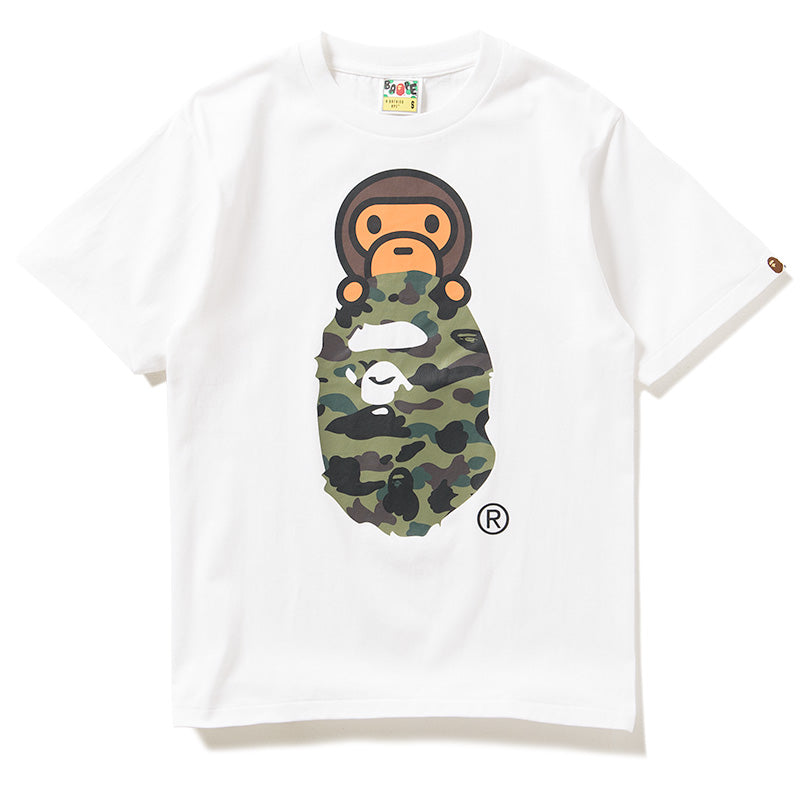 BAPE 1st Camo Milo On Ape Head T-Shirt - White & Green Streetwear | Urban Fashion for Men & Women | Perfect for Casual Wear, Street Style & Hip-Hop Outfits