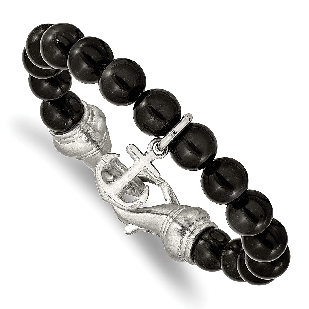 ICE CARATS Stainless Steel Brusted Nautical Anchor Bracelet for Men - 8 Inch Black Agate Beaded Ship Wheel Design with Natural Stone & Shell Wood Accents - Durable Marine Jewelry Gift for Dad, Husband & Sailors | Perfect for Nautical Weddings, Father's Day & Outdoor Adventures