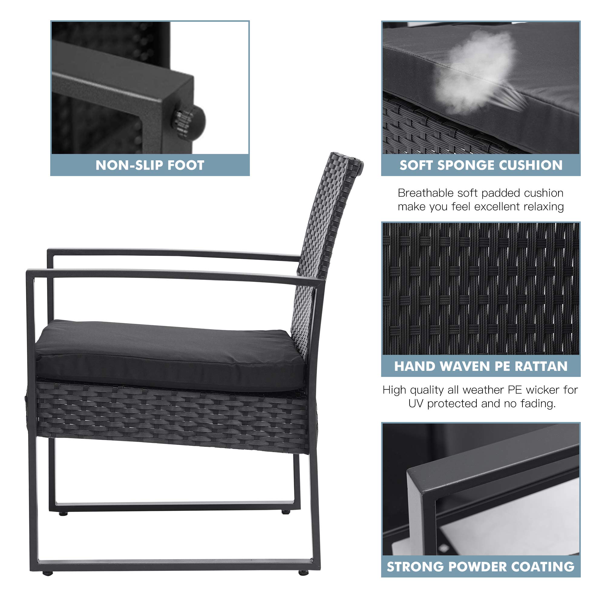 Anwick 3-Piece Modern Black Outdoor Patio Furniture Set - Rattan Chairs & Glass Coffee Table for Garden, Balcony, Poolside & Backyard Relaxation