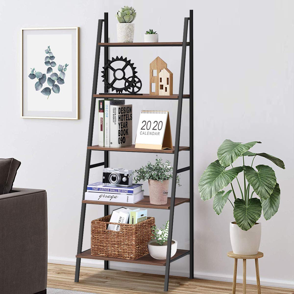 5-Tier Industrial Ladder Shelf - Wooden Look Metal Bookcase & Plant Stand for Home Office Decor | Multifunctional Display Shelf for Books, Plants & Home Organization