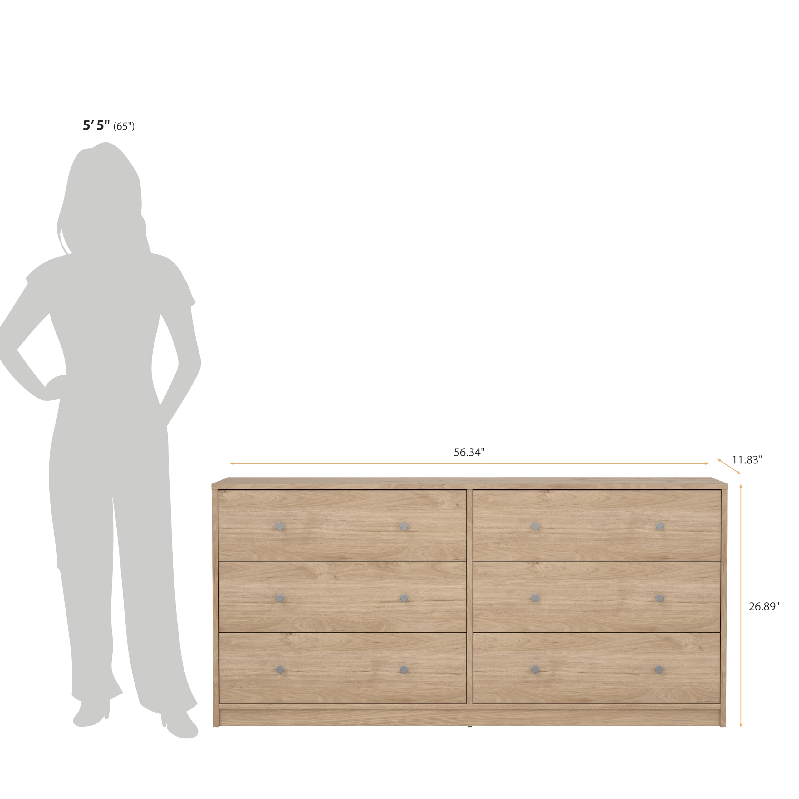 Tvilum 6-Drawer Double Dresser in Jackson Hickory Finish - Stylish Bedroom Storage for Clothes & Accessories