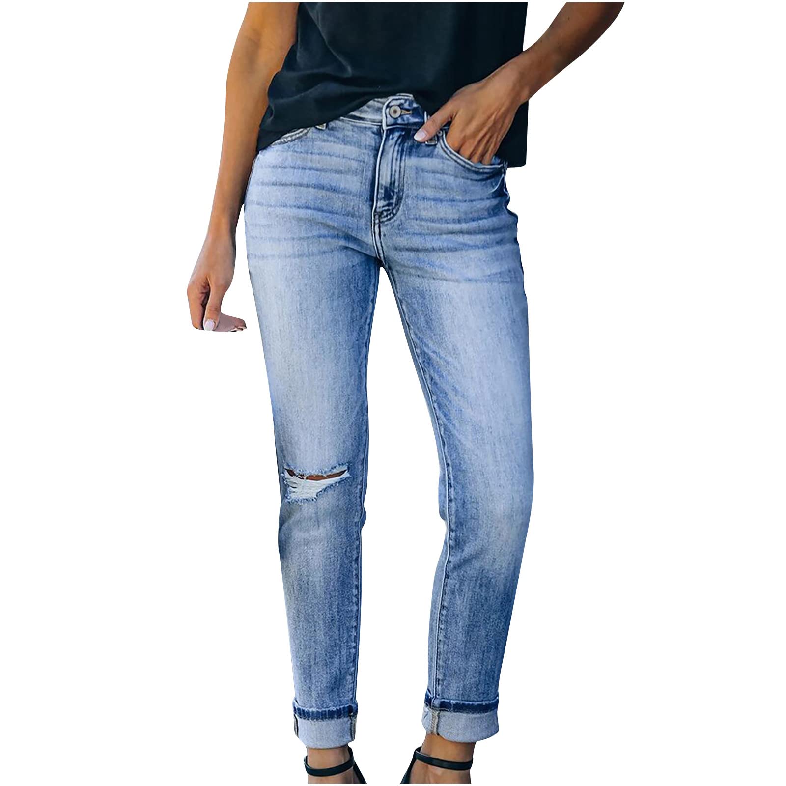 SHENGXINY Women's High Waist Skinny Jeans - Ripped Denim Pants with Button Closure & Pockets | Trendy Stretchable Comfort Fit for Casual Wear, Night Out, and Everyday Fashion