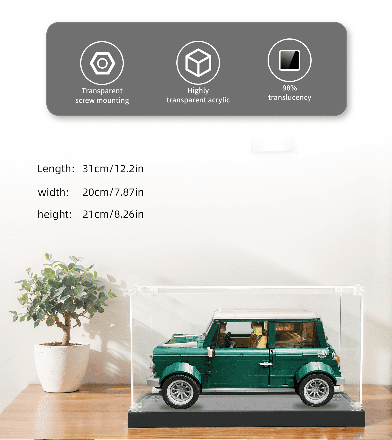 LEGO MINI Cooper MK VII 10242 Display Case - Clear Acrylic Showcase for LEGO Car Models - Perfect for Home Decoration, Office Display & Collector's Protection