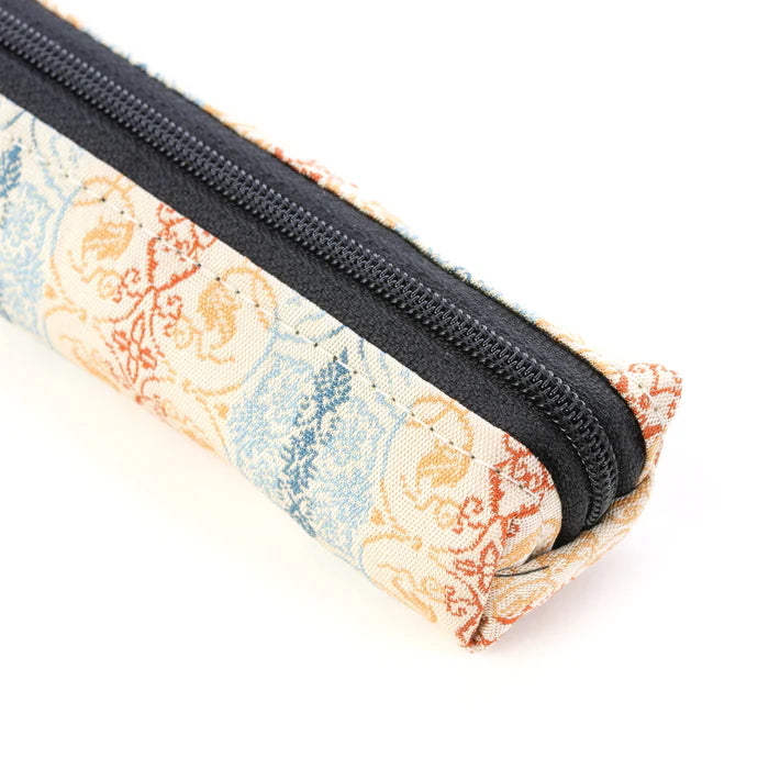 Nishijin Ori Pencil Case - Grapevine Arabesques in White & Brown | Handmade in Kyoto, Japan | Traditional Japanese Craft Pen Holder for School, Office & Art Supplies