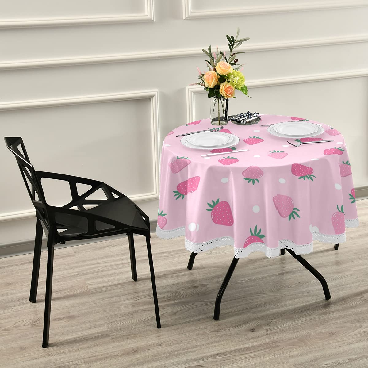 AUUXVA 60 Inch Round Tablecloth - Cute Pink Strawberry Dot Design, Wrinkle-Resistant Lace Table Cover for Kitchen, Patio, Birthday Party & Dining Room Decor | Perfect for Indoor & Outdoor Celebrations