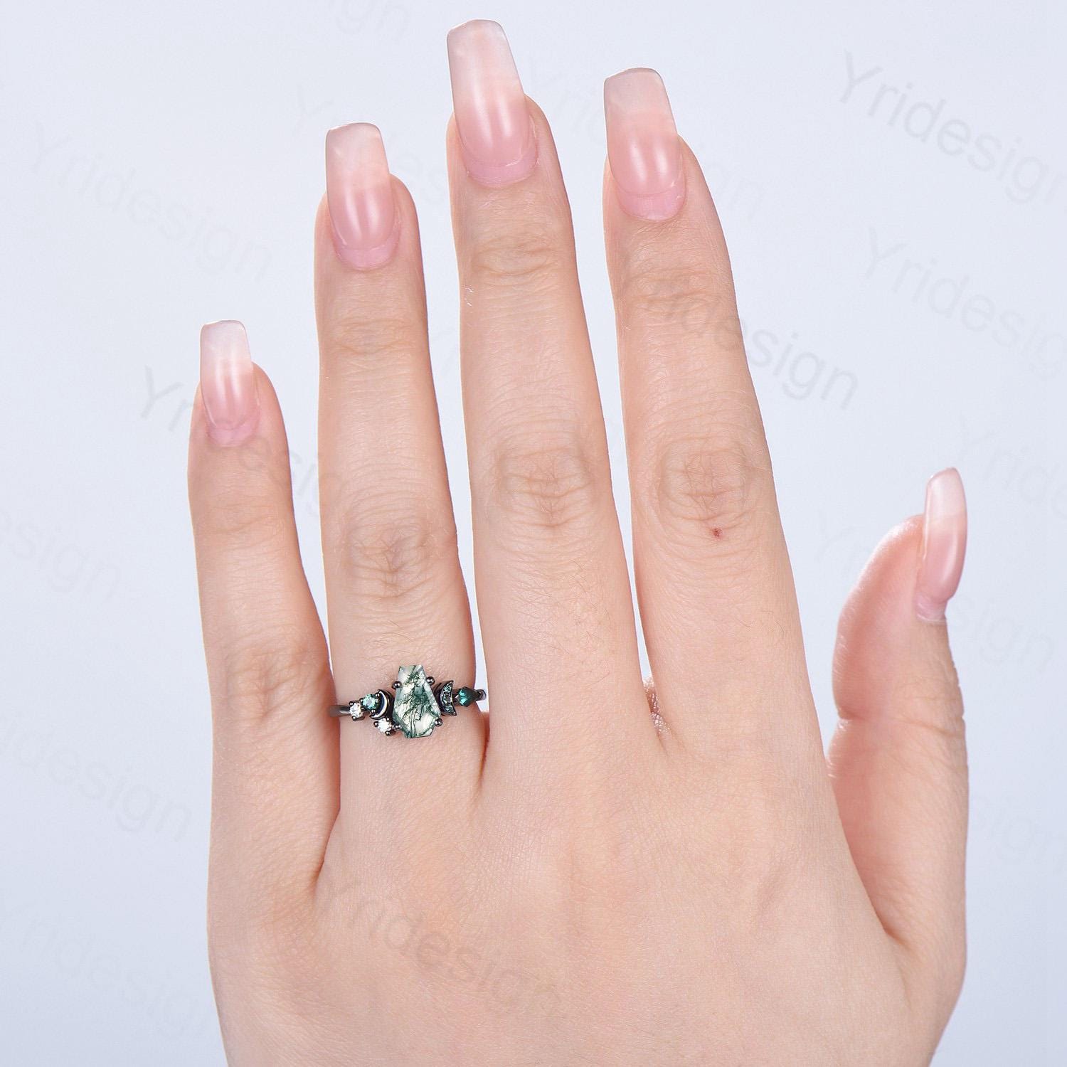 Gothic Moss Agate Engagement Ring - Black Gold Coffin Cut Moon Design Cluster Emerald Wedding Band for Women | Unique Anniversary Promise Ring for Gothic Brides & Alternative Weddings