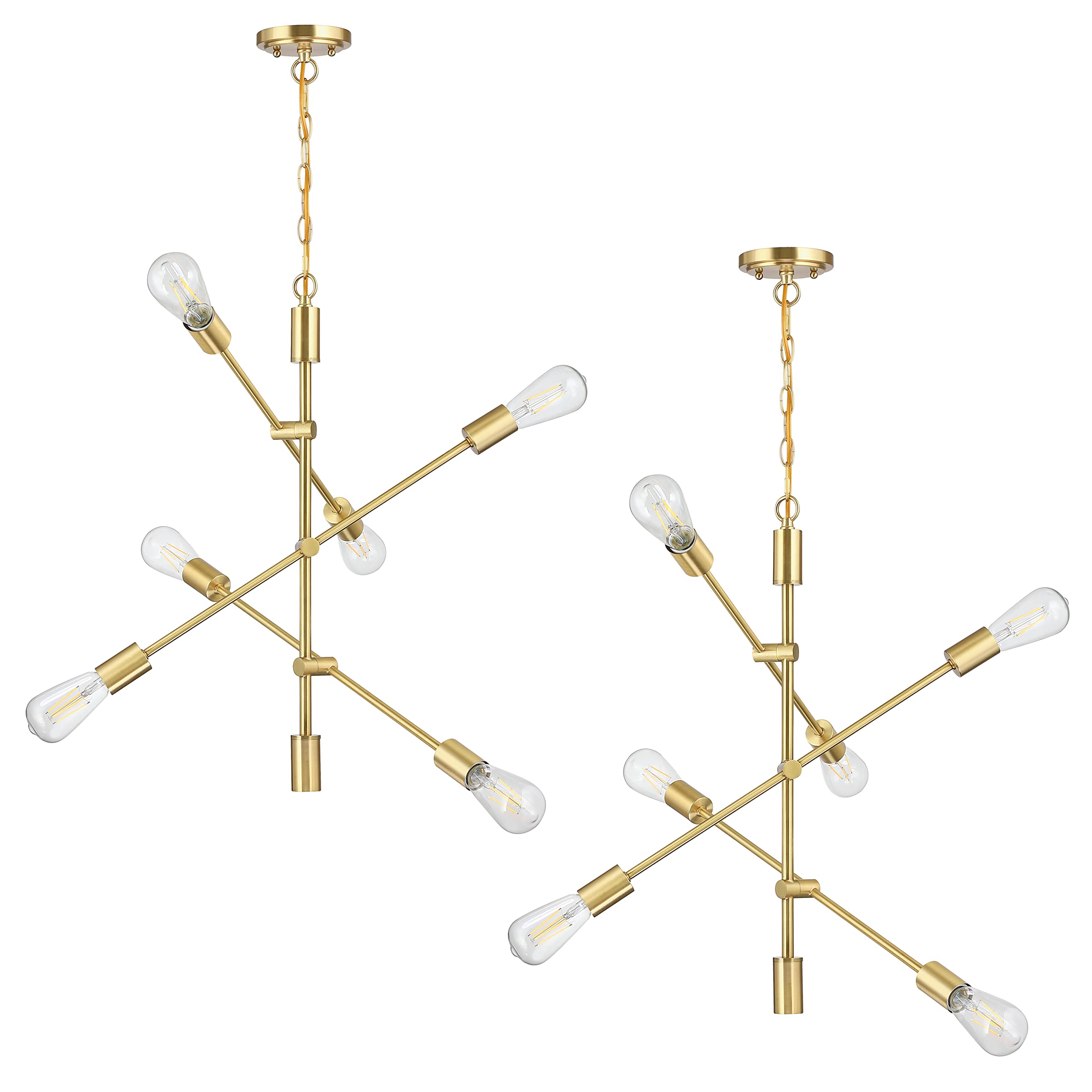 6-Light Mid Century Modern Gold Bronze Industrial Chandelier - Brushed Brass Sputnik Semi-Flush Mount Ceiling Light Fixture (Set of 2) - Perfect for Dining Room, Restaurant, Kitchen & Living Room Lighting