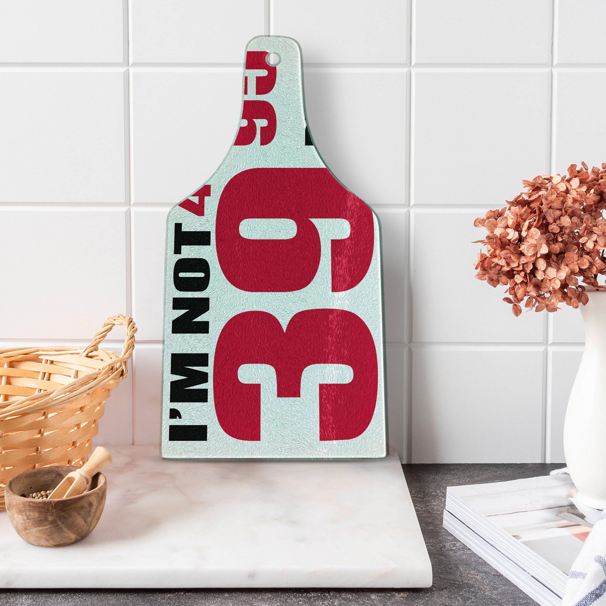 Ambesonne 40th Birthday Cutting Board - Funny 40th Birthday Gift with Humorous Pictogram Design - Tempered Glass Serving Board in Wine Bottle Shape (Hot Pink/Black/White) - Perfect for Birthday Parties, Kitchen Decor & Wine Cheese Platters