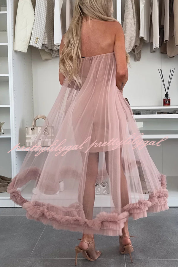 Fairytale Charm Tulle Off Shoulder Ruffles Trim A-line Midi Dress for Women | Elegant Evening Party, Wedding Guest, Prom, Special Occasion Outfit