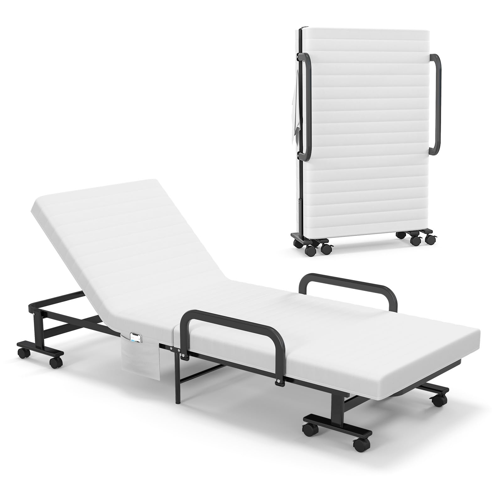 KOMFOTT Folding Rollaway Bed with Mattress for Adults & Guests - 6 Position Adjustable Backrest, Reinforced Steel Frame, Side Storage Pocket (75.5