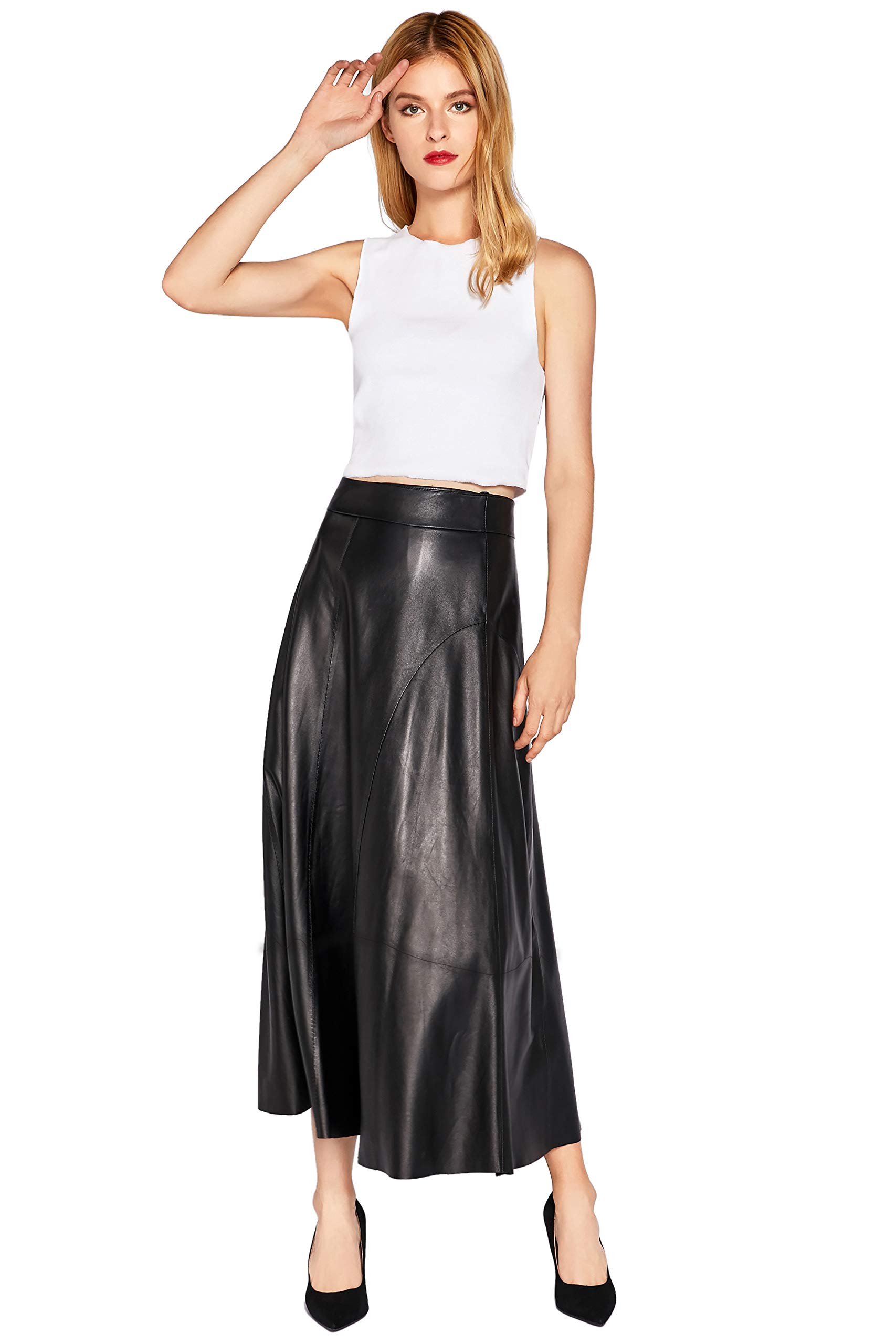 Women's High Waist Leather Skater Skirt - Flared Midi Skirt Black | Vintage Style A-Line Skirt for Casual Outfits, Date Night & Office Wear