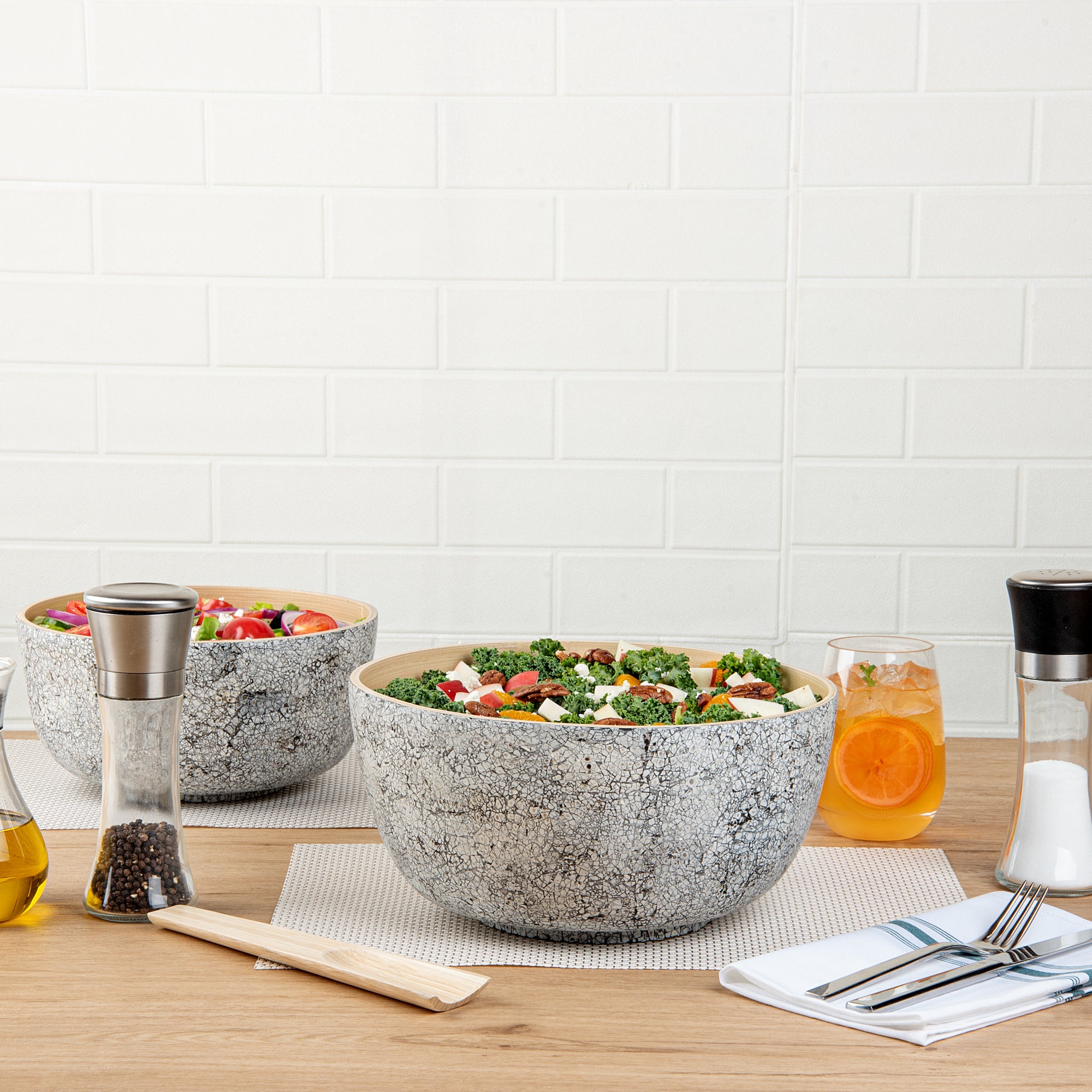 Premium 30oz Round Gray Bamboo Salad Bowl - Eco-Friendly Spun Bamboo Large Serving Bowl (11