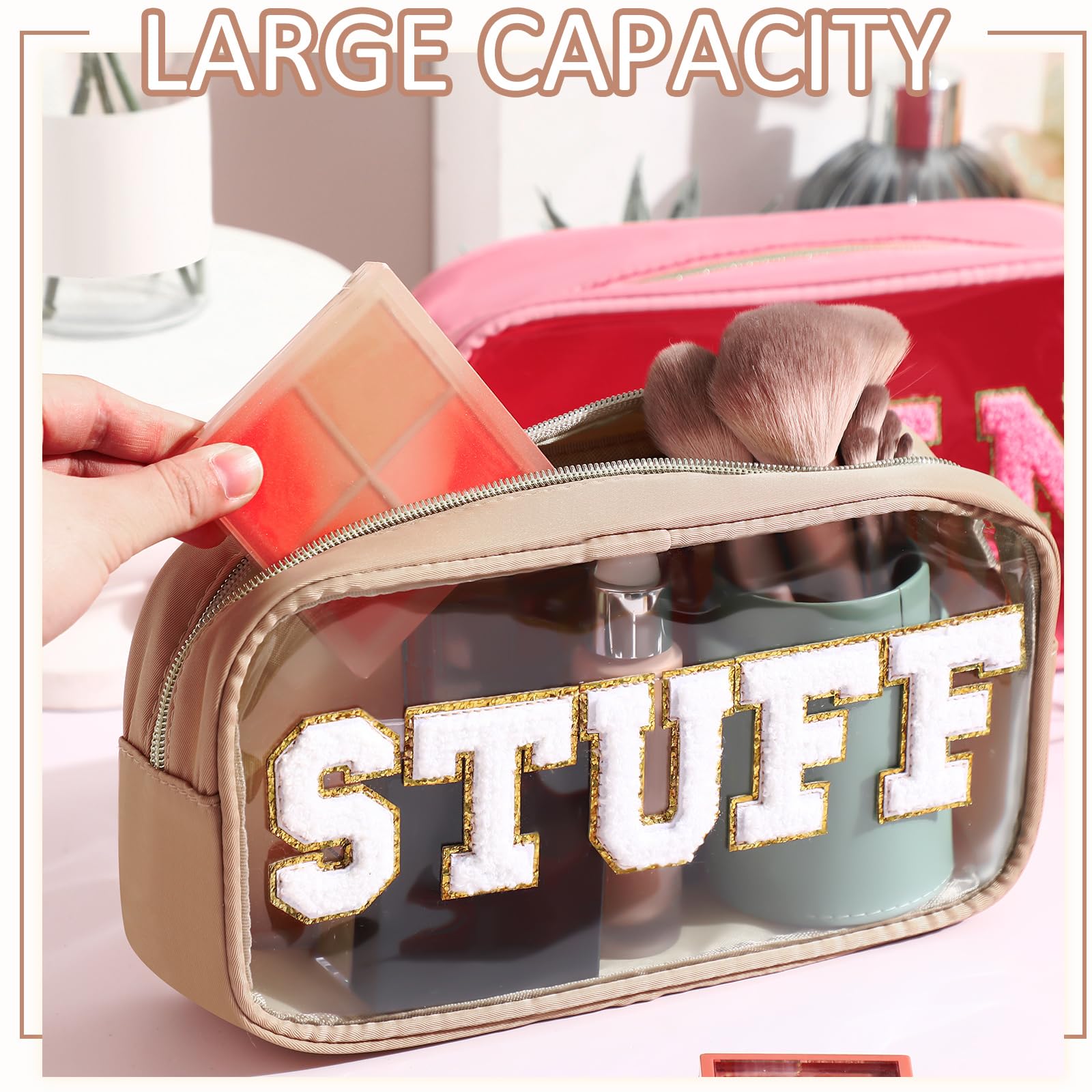 4-Piece Chenille Letter Cosmetic Bag Set - Waterproof Nylon & PVC Makeup Pouch, Travel Toiletry Organizer for Women - Gym, Beach, Vacation Essentials (Fresh Colors) - Perfect for Travel, Daily Use & Gift Giving