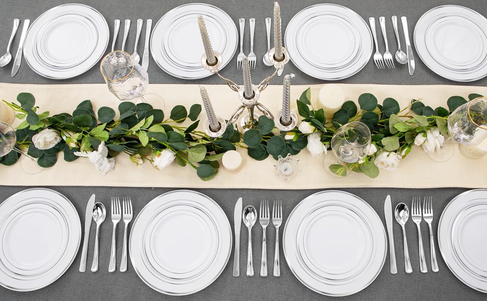 FLOWERCAT 60-Pack Heavy Duty Silver & White Plastic Plates Disposable - 30PCS 10.25