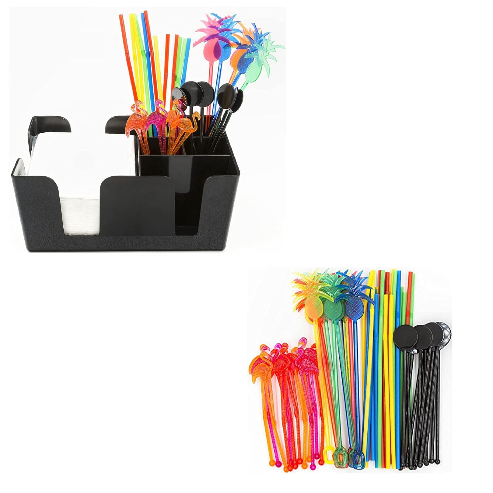 6-Compartment Bar Caddy with 60-Piece Supplies Bundle - Includes Napkins, Cocktail Straws & Swizzle Sticks - Perfect for Home Bars, Parties & Cocktail Making
