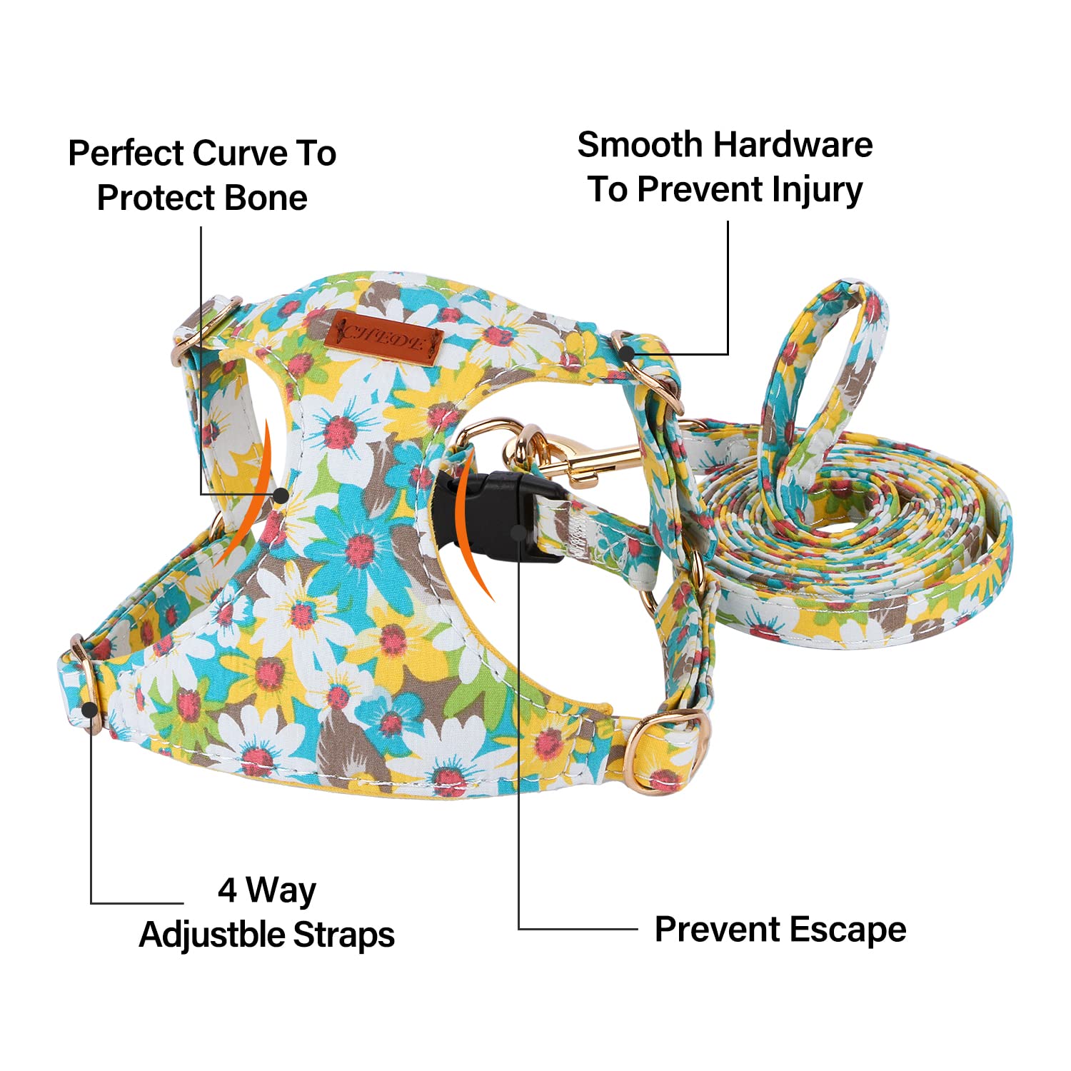 **CHEDE No Pull Floral Dog Harness - Adjustable Soft & Lightweight Small Dog Harness with Leash Set for Puppies & Medium Dogs - Perfect for Walks, Training & Outdoor Adventures**