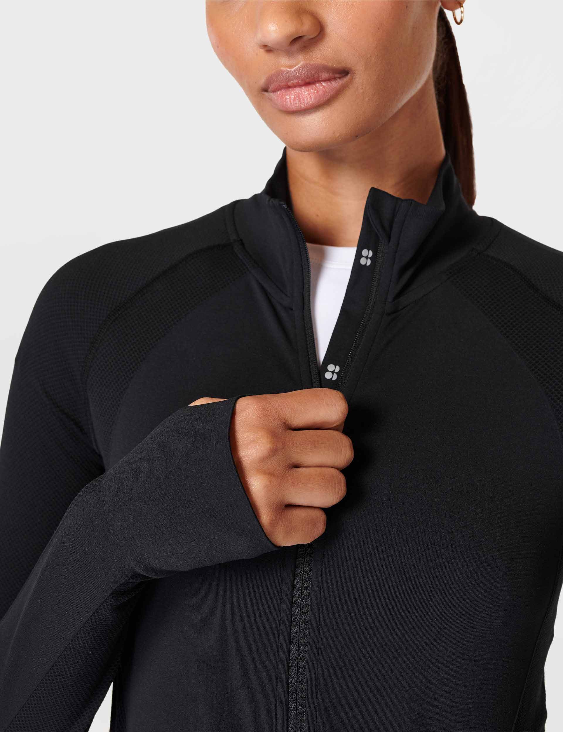 Seamless Zip-Up Gym Crop Top for Women - Black | Workout, Yoga & Running Activewear