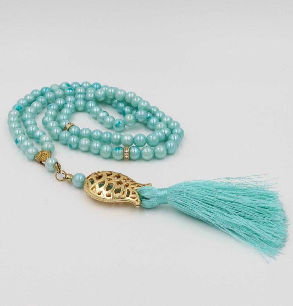 Premium Islamic Tesbih - 99 Count Acrylic Pearl Prayer Beads with Elegant Tulip Tassel in Turquoise | Perfect for Muslim Prayer, Meditation, Zikr & Spiritual Gifts