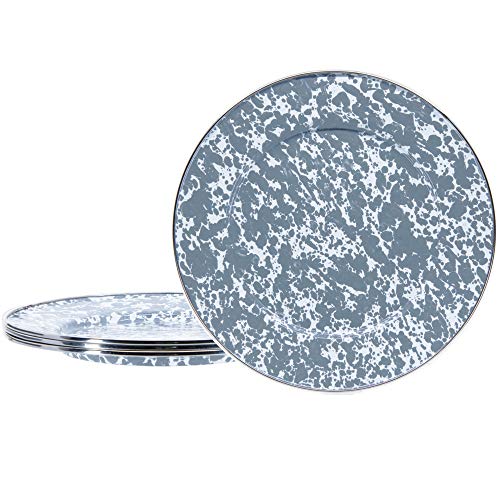 10.5 Inch Gray Swirl Enamelware Dinner Plates - Set of 4 - Durable & Stylish for Outdoor Picnics, Camping & Rustic Home Dining