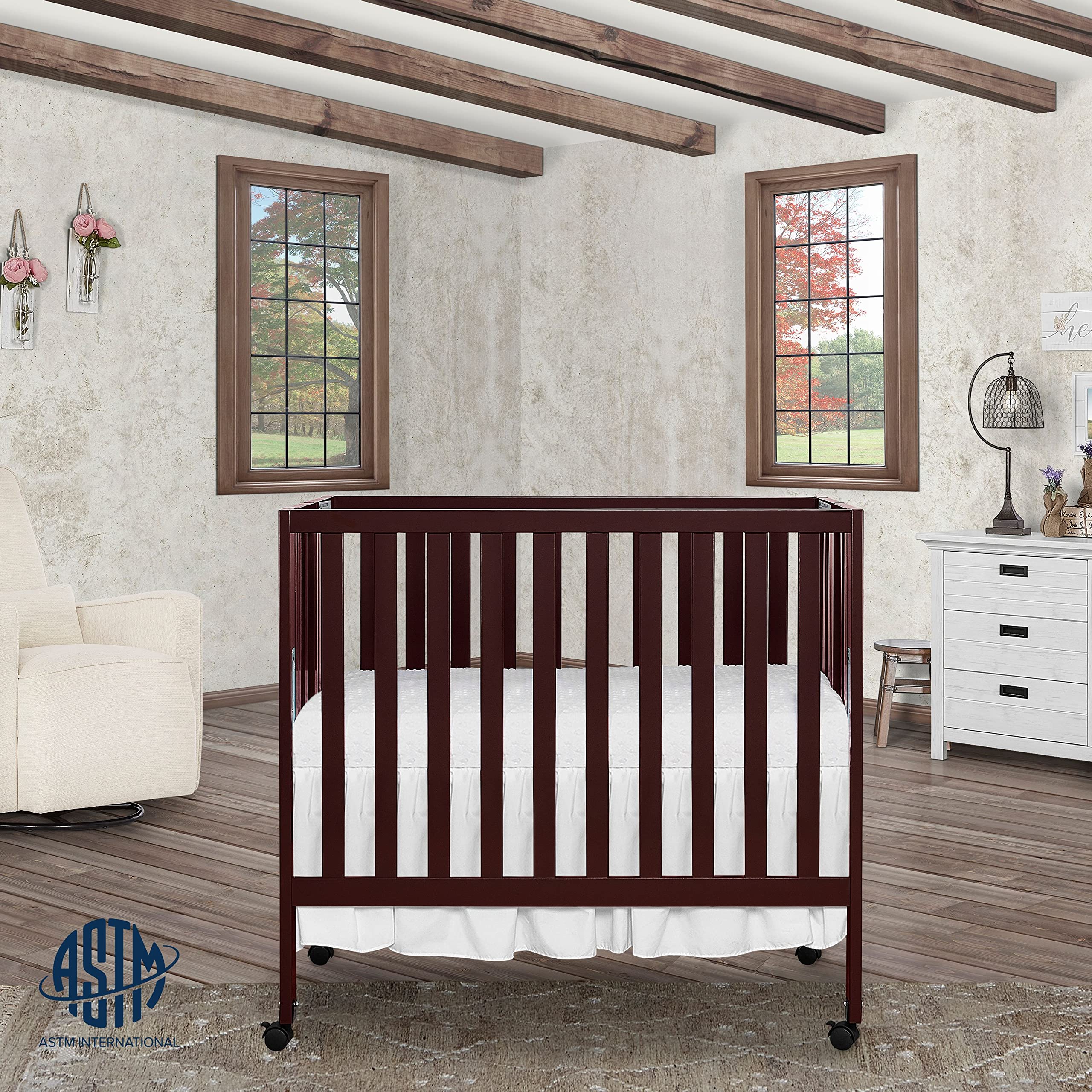 Dream On Me Jett Non-Full Size Folding Convertible Crib - Lightweight Portable Baby Crib with 3 Adjustable Mattress Heights | Easy Fold Travel Crib for Home & Nursery | Includes 1.5