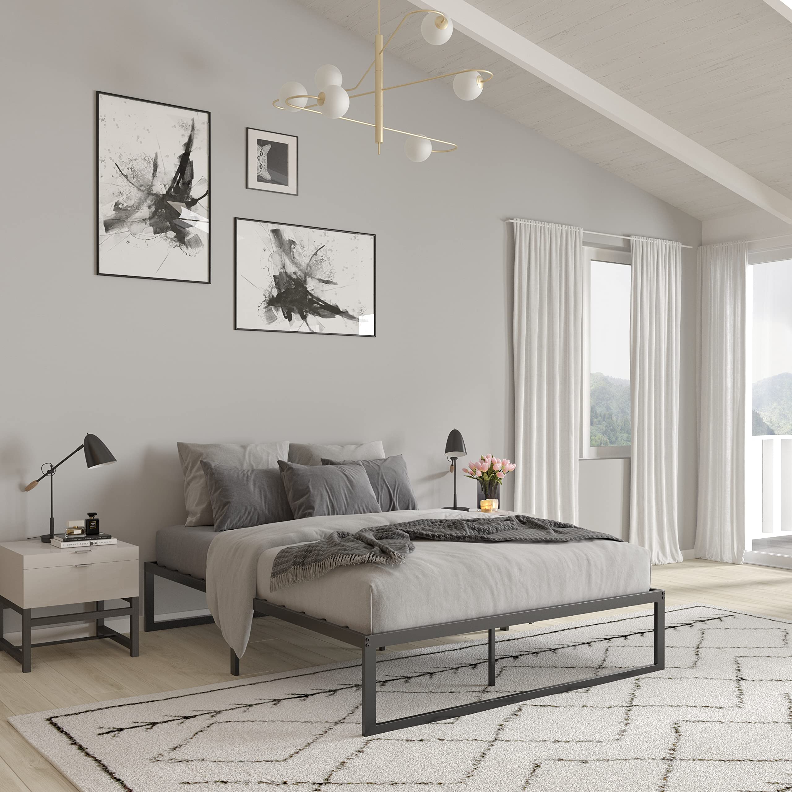 Merrick Lane Varallo 14 Inch Queen Size Black Steel Bed Frame with Steel Slat Support - No Box Spring Needed - Perfect for Modern Bedrooms & Guest Rooms