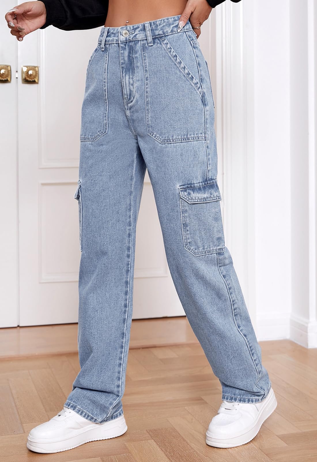 **Women's High Waisted Cargo Jeans - Stretchy Wide Leg Denim Pants for Casual & Streetwear | Trendy Fashion for Everyday Wear, Work & Outings**