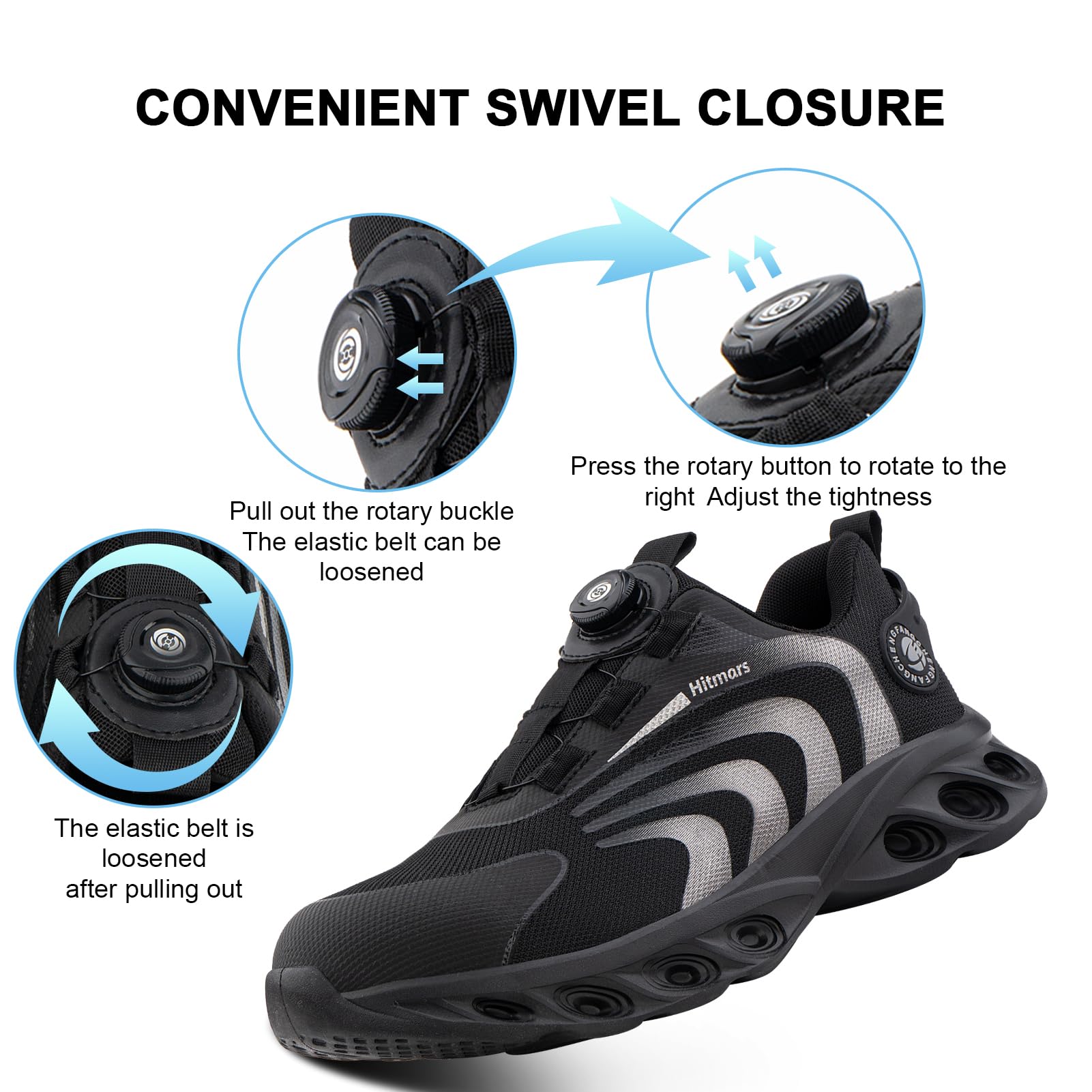 Hitmars Steel Toe Work Shoes for Men & Women - Lightweight Safety Shoes with Comfortable Cushioning - Non-Slip Chef & Roofer Shoes (Black/Blue, EU 36-48) - Perfect for Construction, Kitchen & Outdoor Work