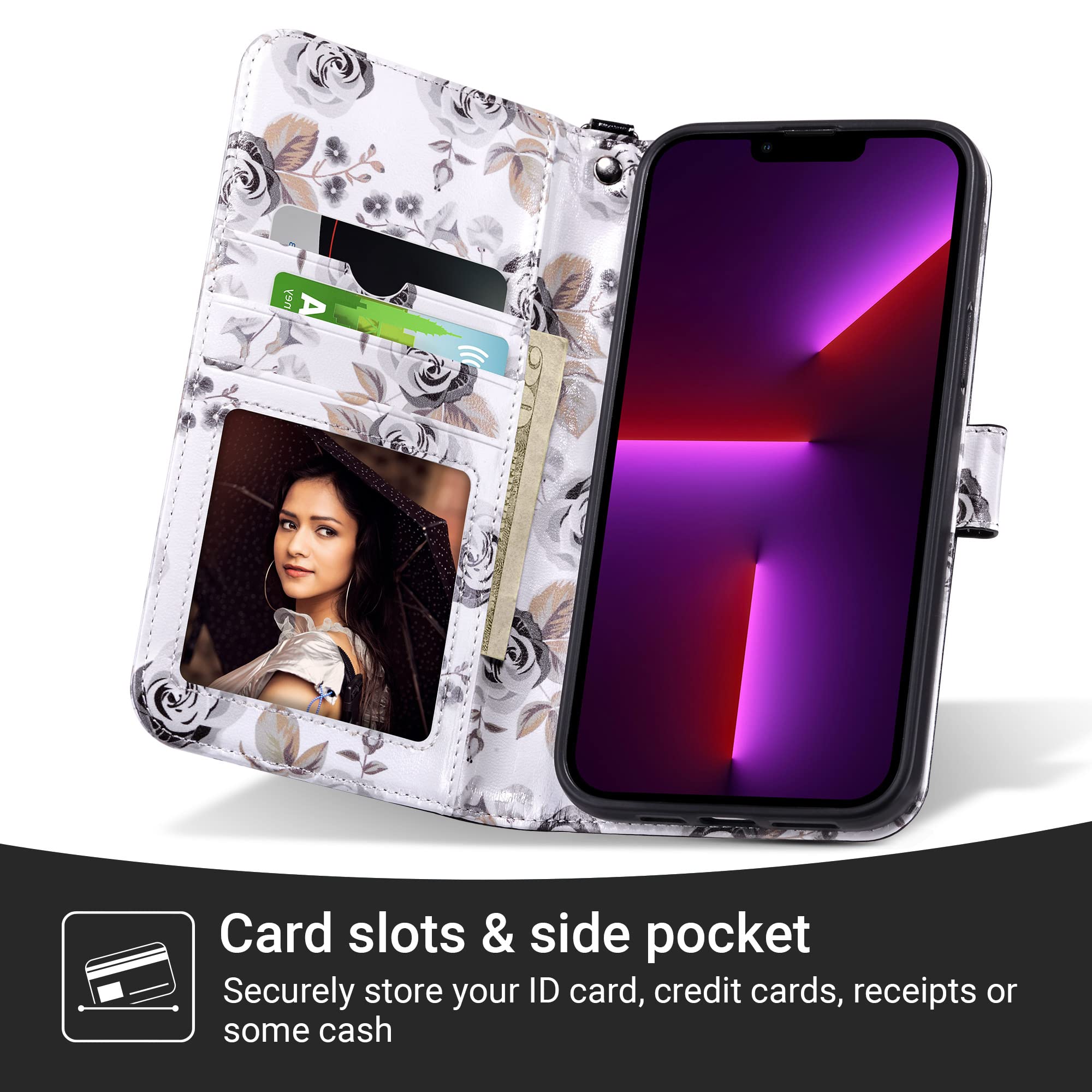 ULAK iPhone 13 Pro Max Wallet Case 6.7 Inch - Floral PU Leather Flip Cover with Card Slots & Kickstand | Shockproof Protective Phone Case for Women | Perfect for Work, Travel & Everyday Use (Black)