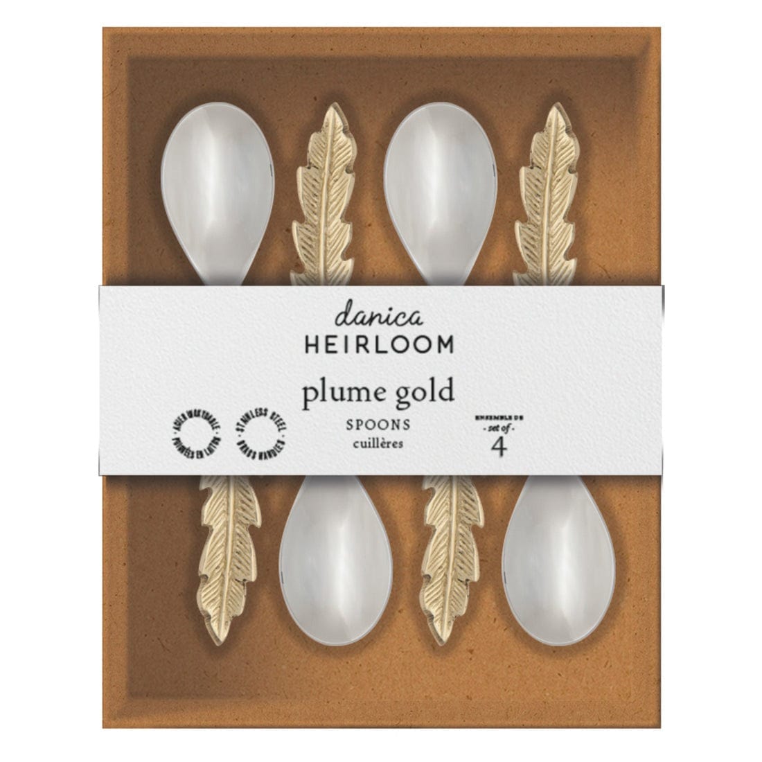 Now Designs Plume Gold Spoons Set of 4 - Elegant Dessert Spoons for Tea Parties, Wedding Favors & Special Occasions