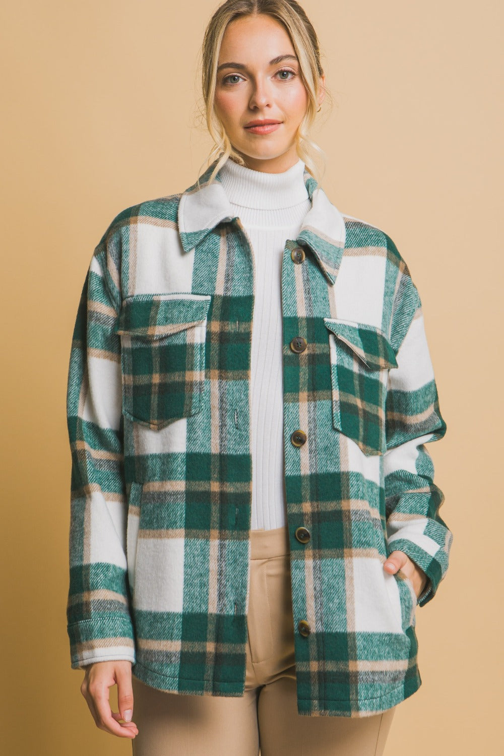 Love Tree Plaid Button-Up Shacket for Women - Cozy Fall & Winter Layering, Casual Outfits, Outdoor Adventures