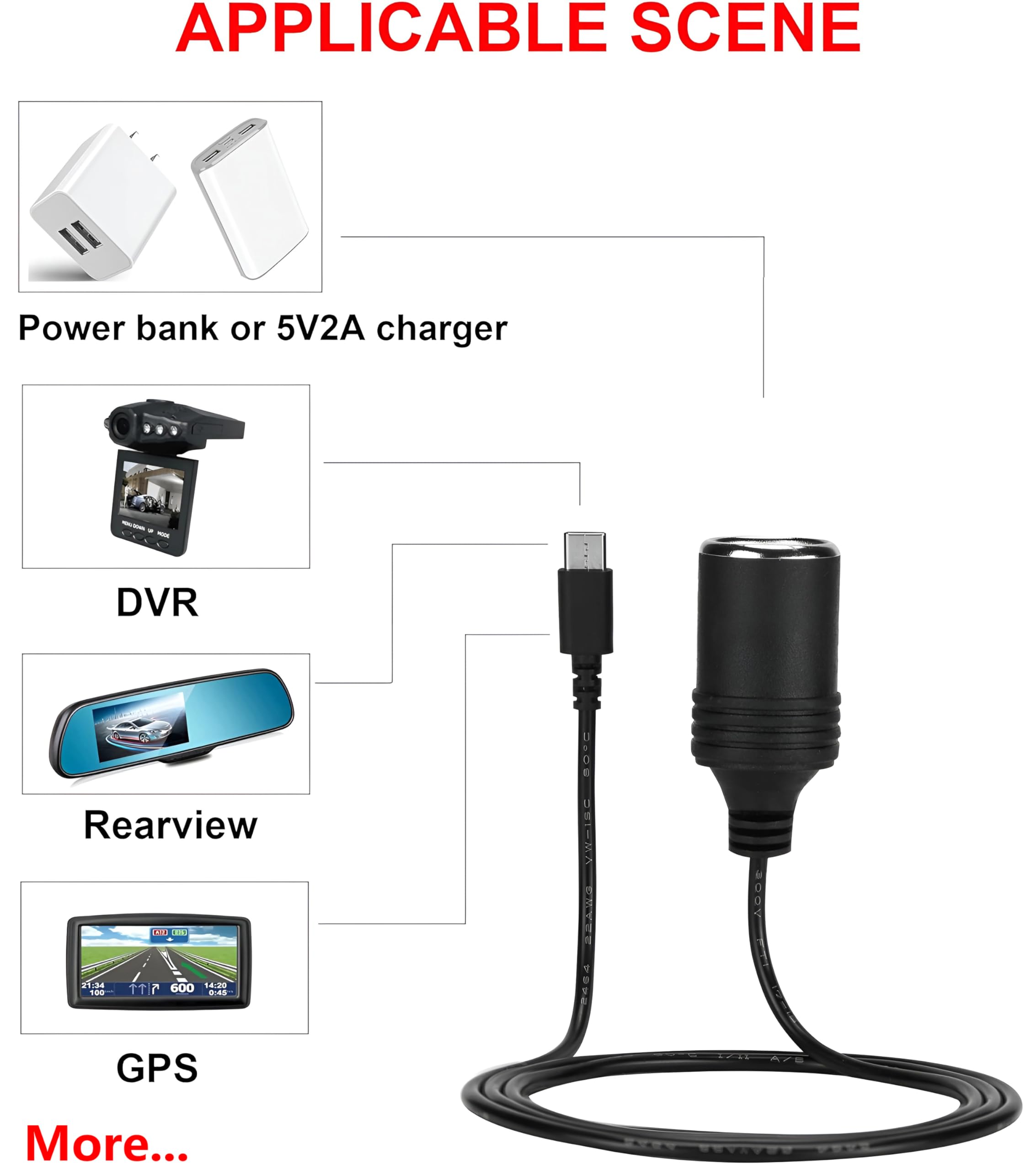 12V USB Type-C Male to Car Cigarette Lighter Female Adapter PD Power Cable - Compatible with 45W~65W USB C Chargers for Dash Cams, GPS Devices & Car LED Light Strips - Perfect for Road Trips & In-Car Charging