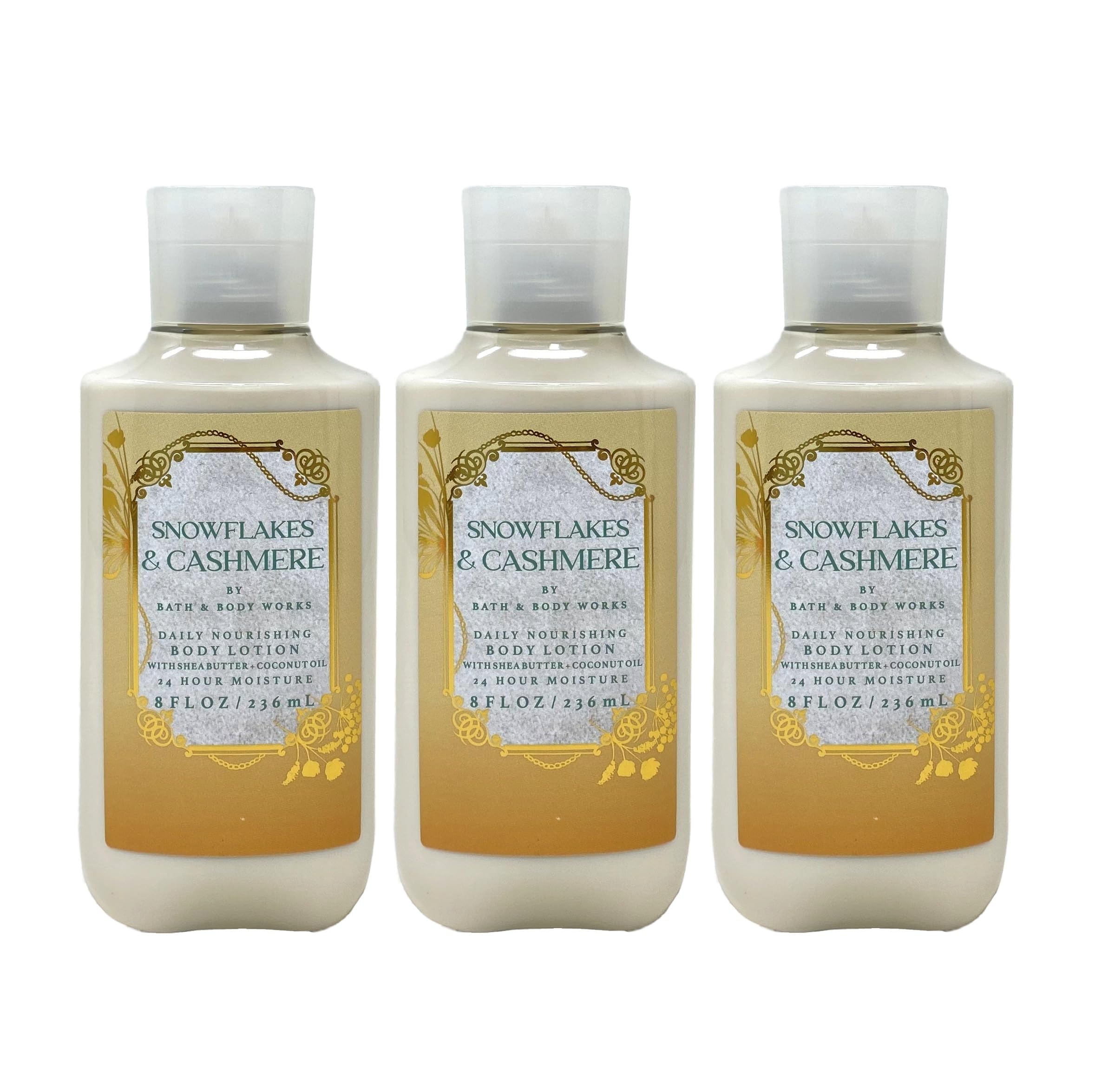 3-Pack Bath & Body Works Snowflakes & Cashmere Shea & Vitamin E Body Lotion - 8 fl oz Each - Moisturizing Winter Skincare for Dry Skin - Perfect for Gifts & Daily Hydration