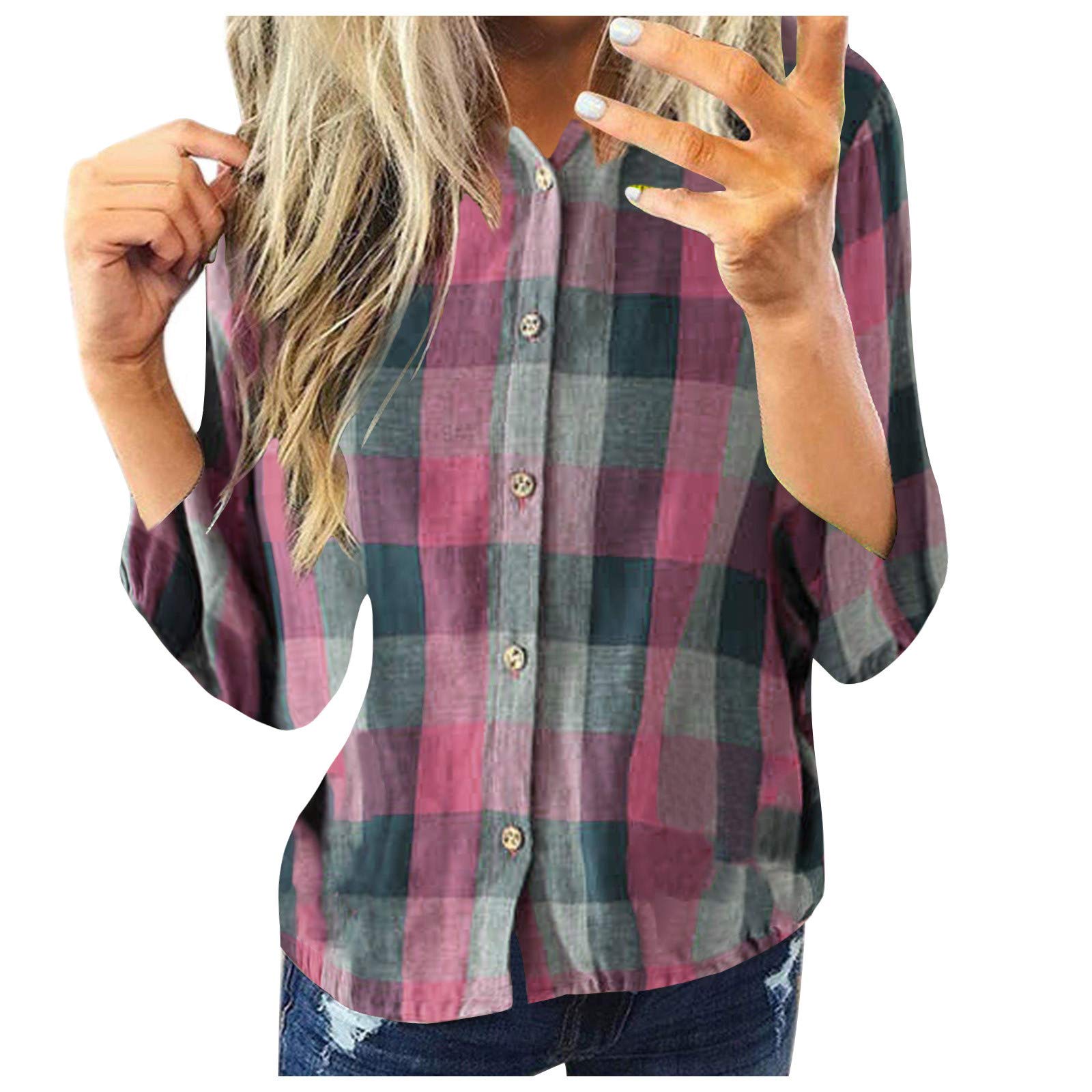 Women's Long Sleeve Plaid Shirt - Casual Cotton Button Down V-Neck Top for Women | Perfect for Fall Layering, Office Wear & Weekend Outfits