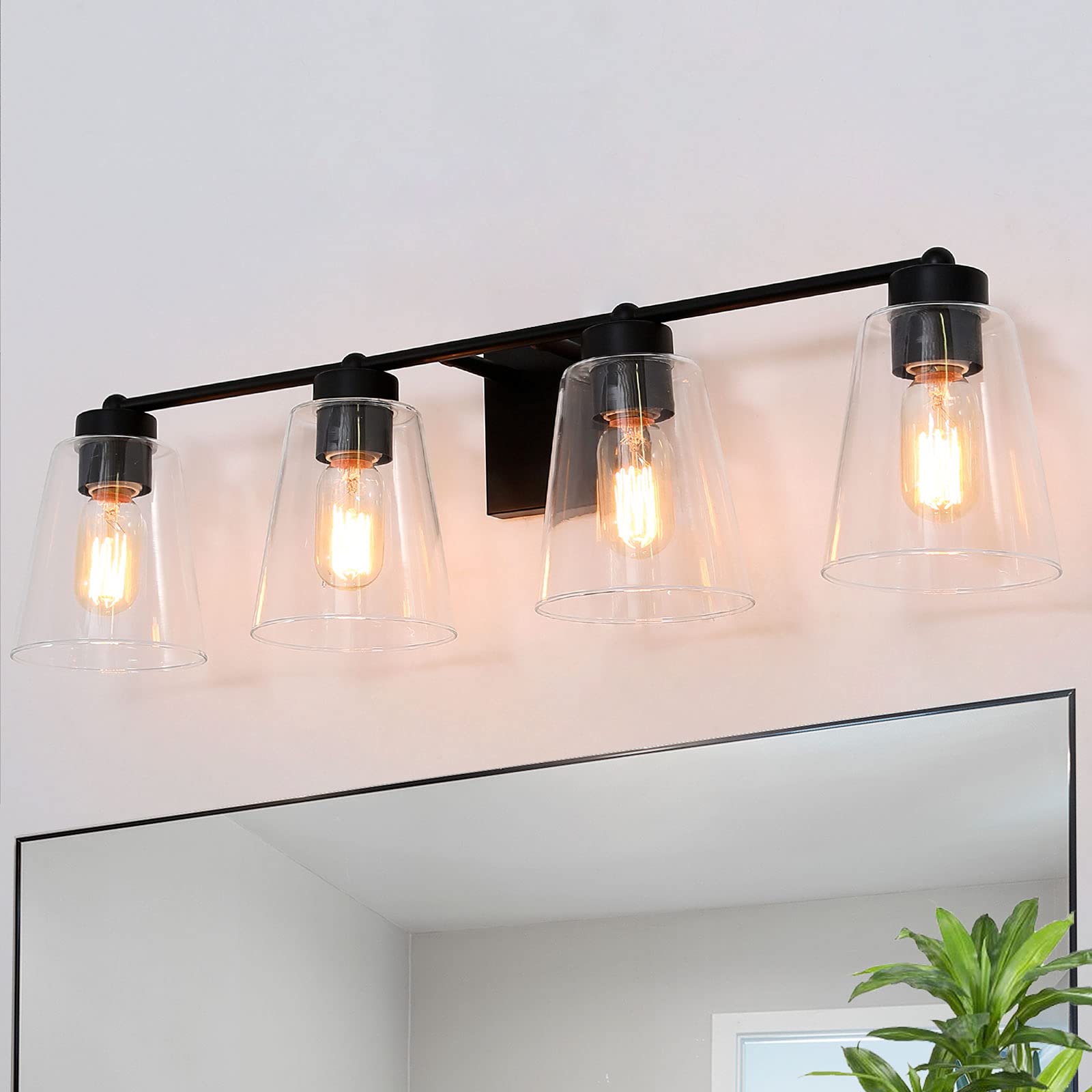 4-Light Black Farmhouse Bathroom Vanity Light Fixture - Extra Large Rustic Bathroom Lighting with Clear Glass Shade (29’’L × 6.5’’W × 8’’H) - Perfect for Modern Farmhouse, Rustic & Vintage Style Bathrooms