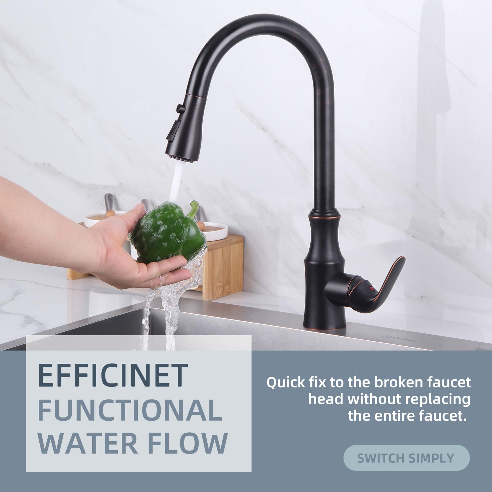 Angle Simple Sink Sprayer Replacement - Oil Rubbed Bronze Kitchen Faucet Head with Stream Spray & Pause Mode - Perfect for Dishwashing, Food Prep & Cleaning Fruits/Vegetables