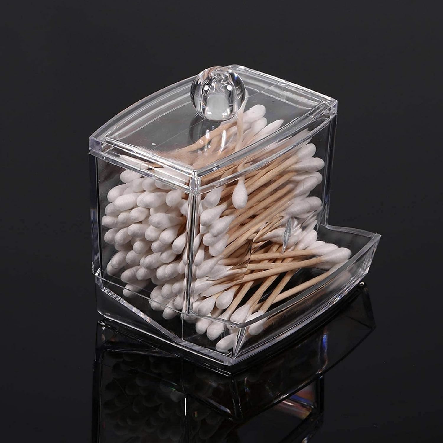 LANTRO JS Clear Acrylic Cotton Holder Organizer - Cotton Swab & Ball Dispenser with Lid for Makeup Pads, Cosmetics | Bathroom & Vanity Storage Solution