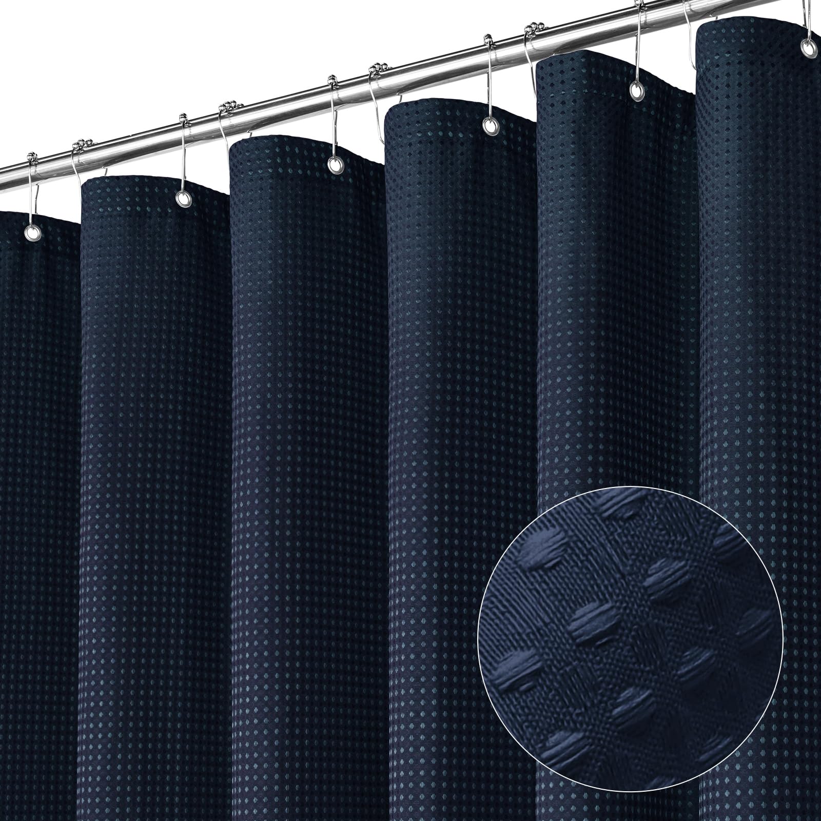 Blue Waffle Weave Half Size Shower Curtain 36 x 72 Inches - Narrow Fabric Bathroom Decor with Hooks - Navy Blue Shower Curtain Set for Small Stall, RV, Dorm & Apartment Bathrooms
